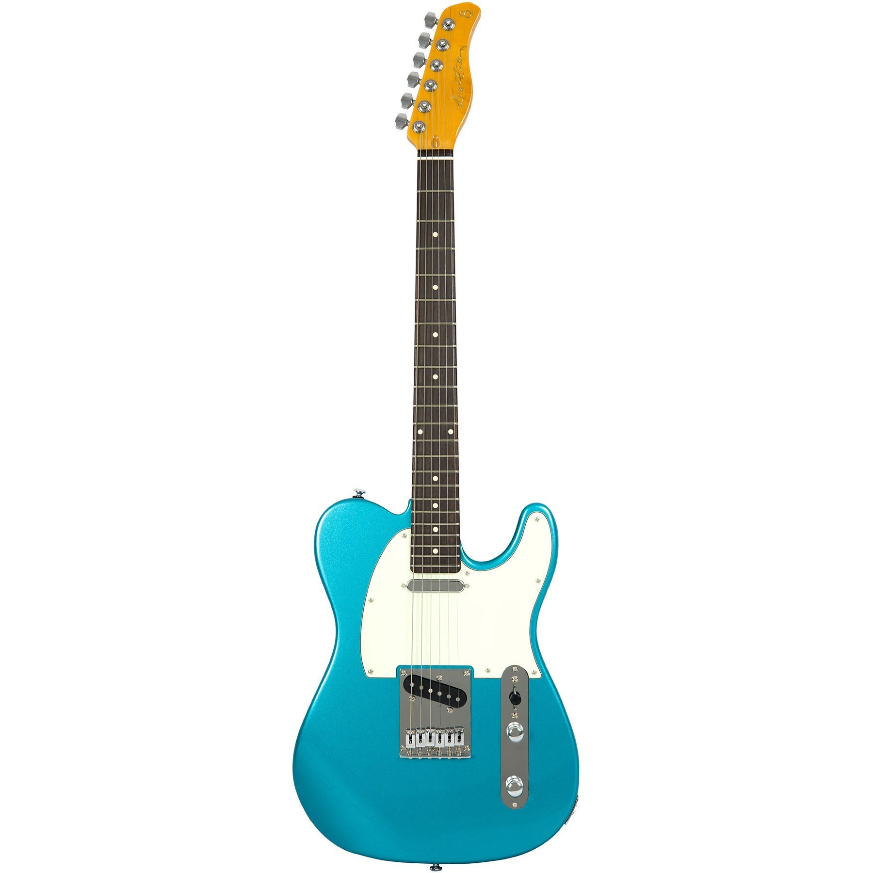 Beyaz pena ve sarı sapa sahip mavi bir elektro gitar gövdesi.