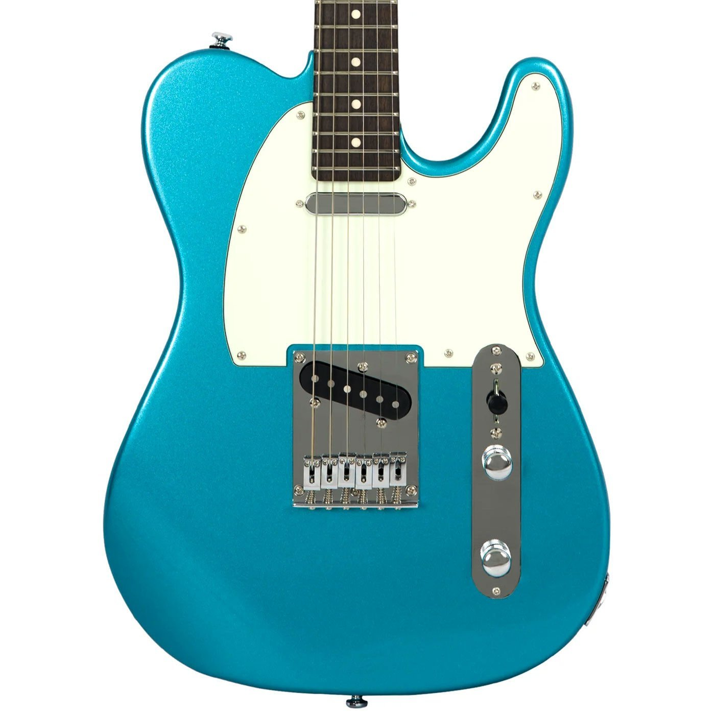 Parlak mavi elektro gitar, beyaz pena koruyucu ve gümüş donanımlı.