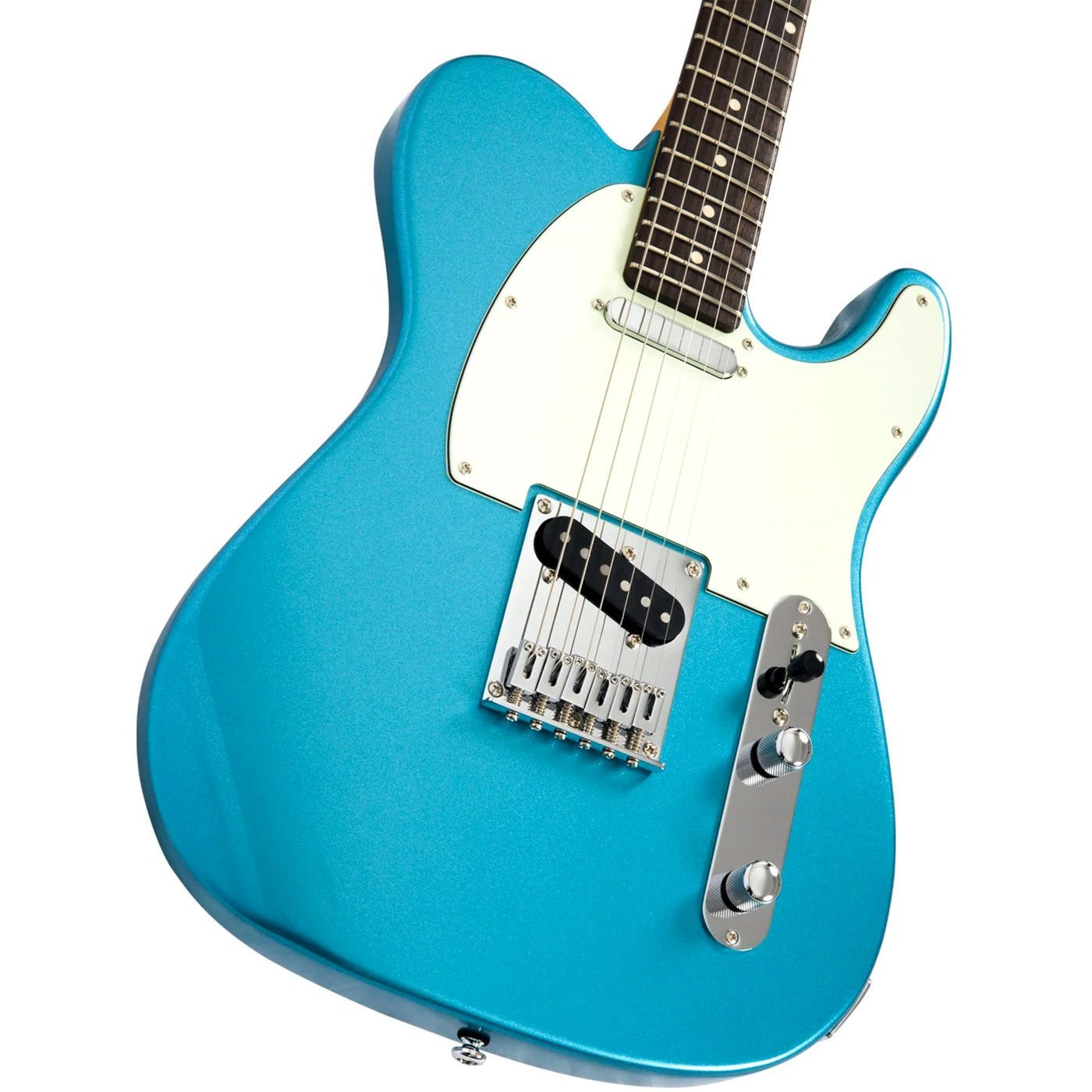 Parlak turkuaz elektrik gitar gövdesi, beyaz pena koruyucusu ve krom donanımlı.