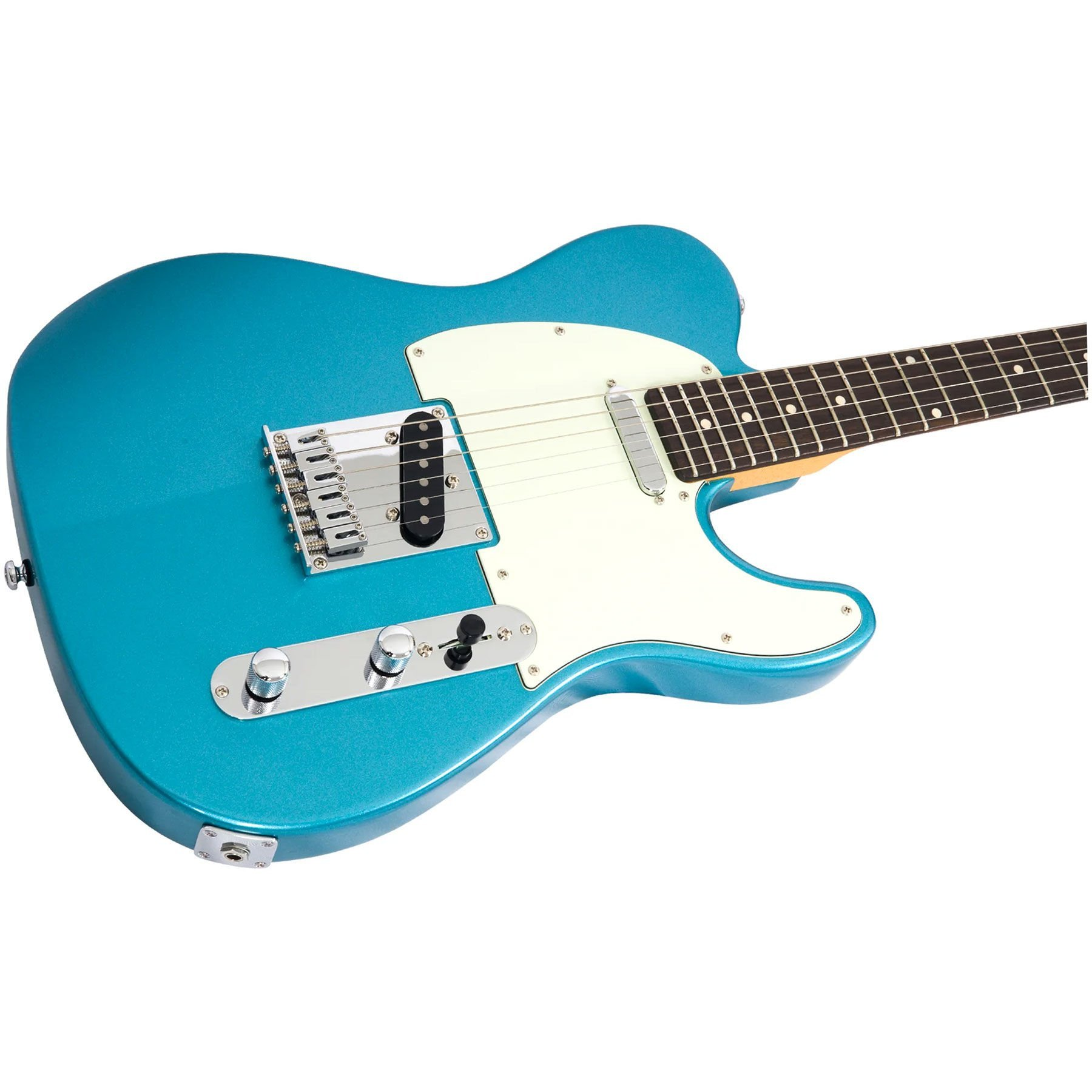 Beyaz pena korumalı ve krom donanımlı mavi bir Telecaster gitar gövdesi.