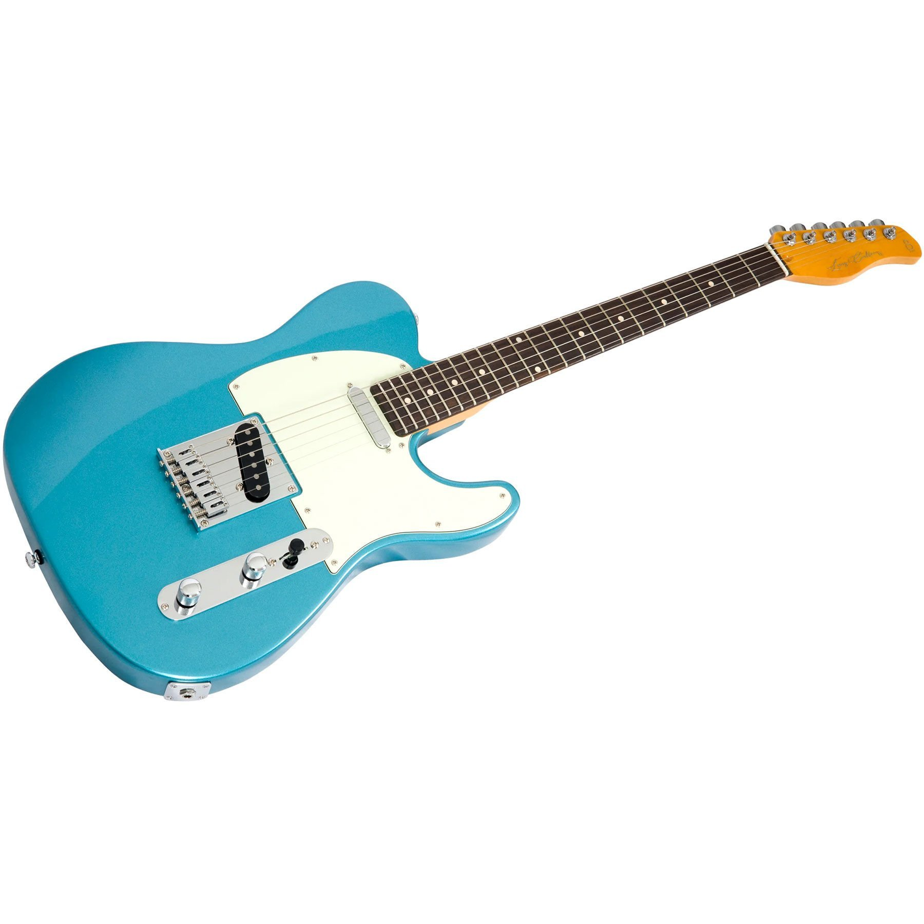 Parlak turkuaz elektrik gitar, beyaz pena koruyucusu ve gümüş donanım.