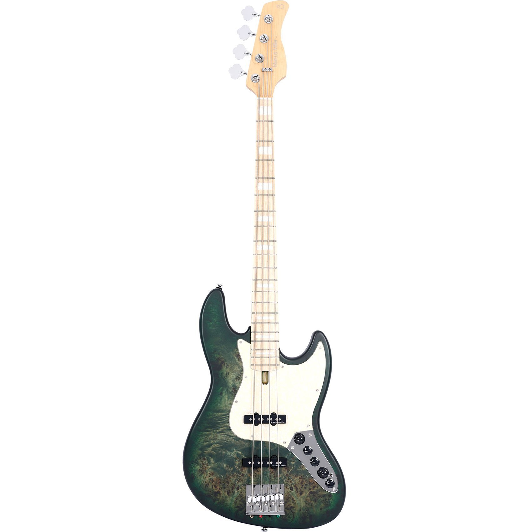 Beyaz pena korumalı ve gümüş donanımlı yeşil bas gitar beyaz zeminde duruyor.