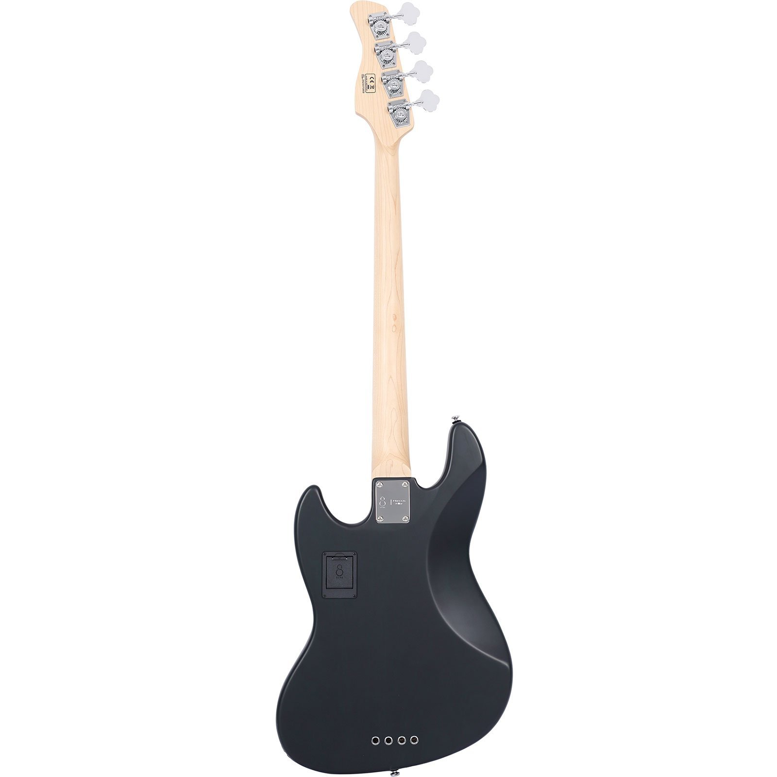 Açık ahşap sapa ve gümüş akort burgularına sahip siyah elektro bas gitarın arka görünümü.