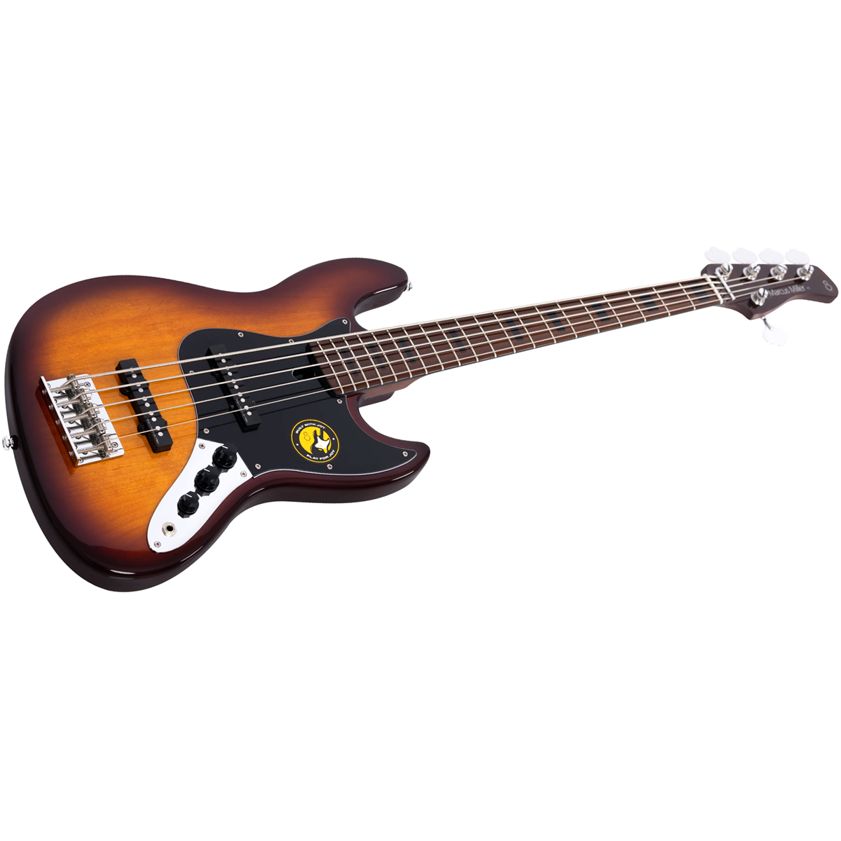 Siyah pena korumalı, güneş yanığı renkli beş telli elektro bas gitar.