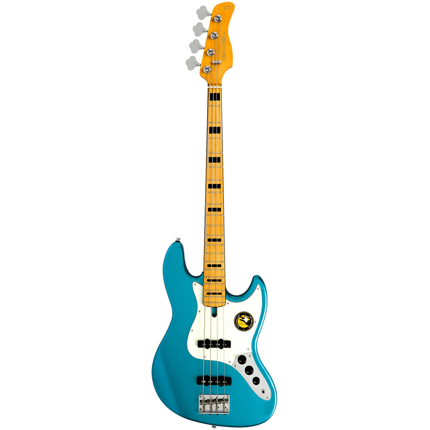 Beyaz pena korumalı turkuaz bas gitar, akçaağaç sapa sahip.