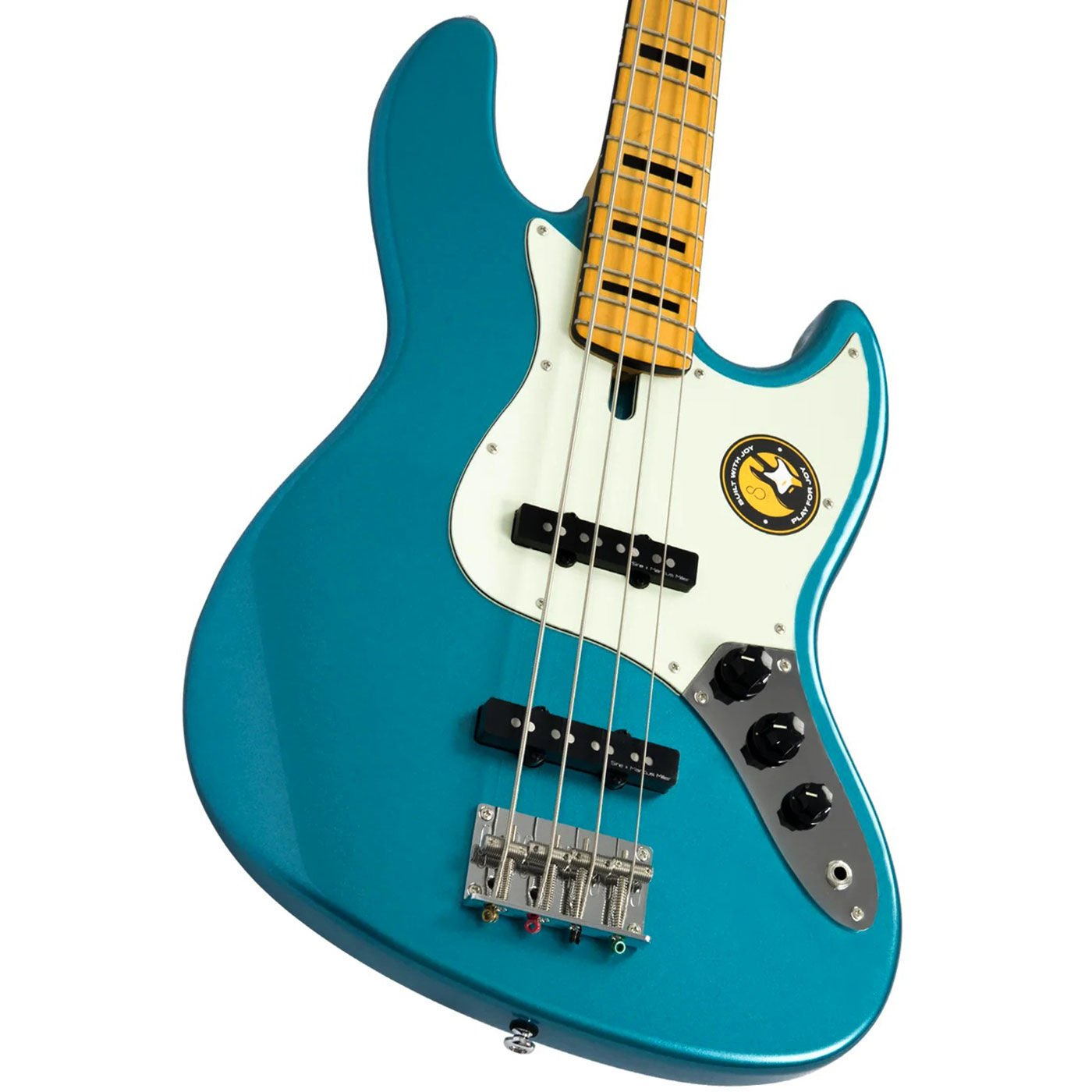 Beyaz pena koruyuculu ve altın klavyeli turkuaz elektro bas gitar.
