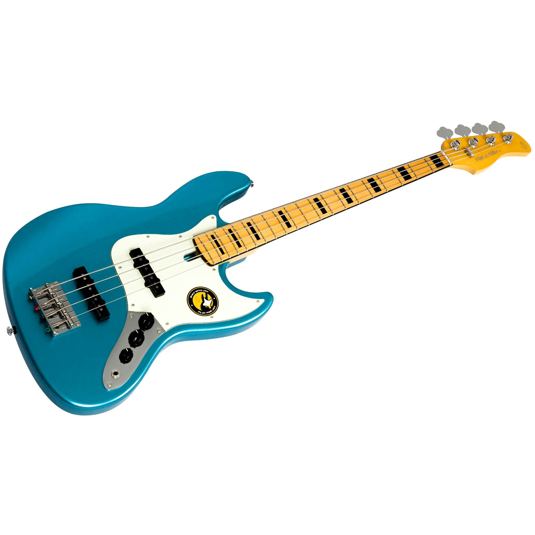 Dört gümüş akort burgulu, açık renkli klavyeli turkuaz bas gitar.