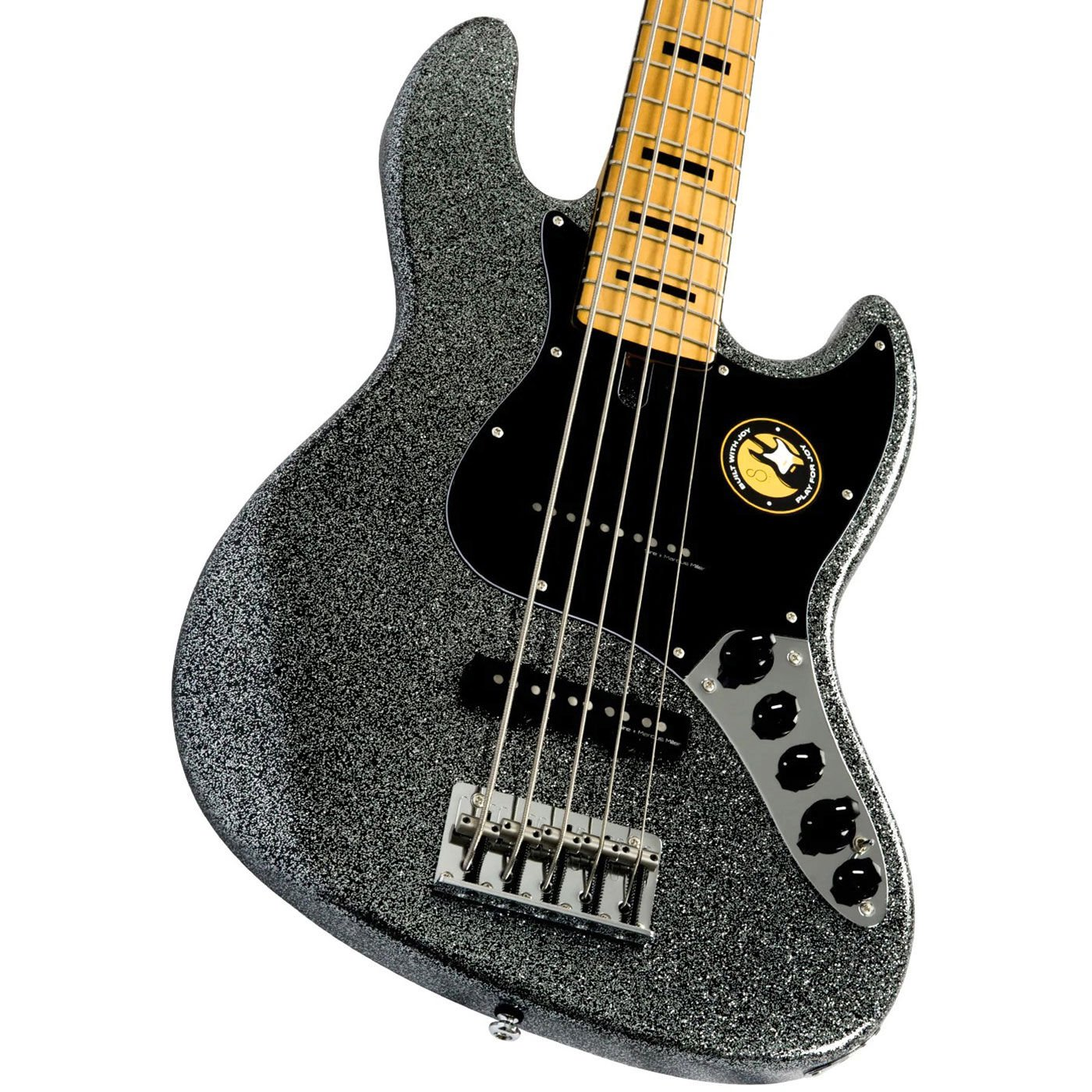 Açık renkli klavyeli ve siyah düğmeli, ışıltılı siyah elektro bas gitar.