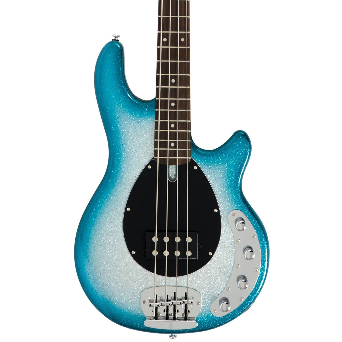 Siyah manyetikler ve gümüş düğmelerle parlak mavi bas gitar gövdesi.