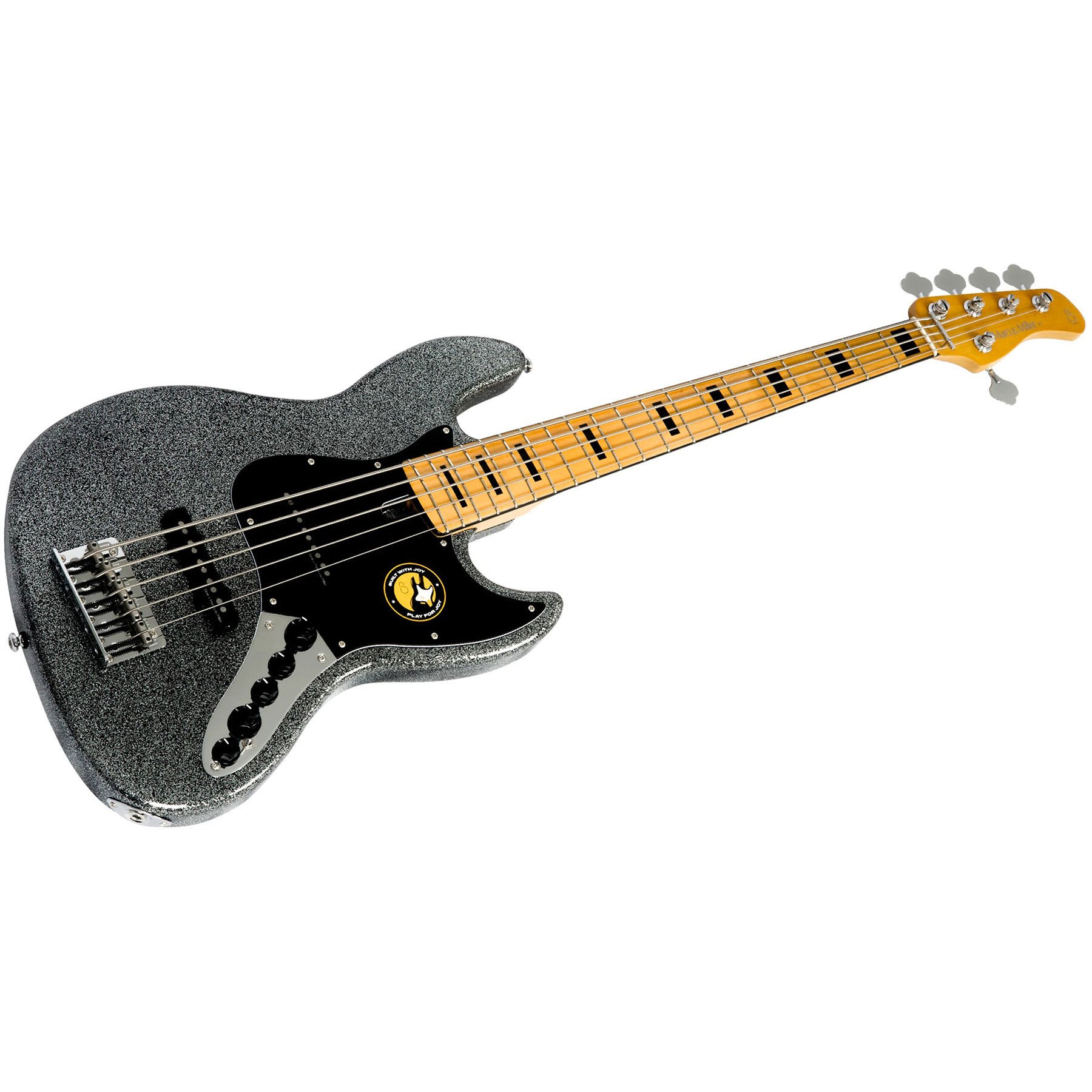 Akça ağaç klavyeli ve siyah işaretli parlak gümüş 5 telli bas gitarası sapı.