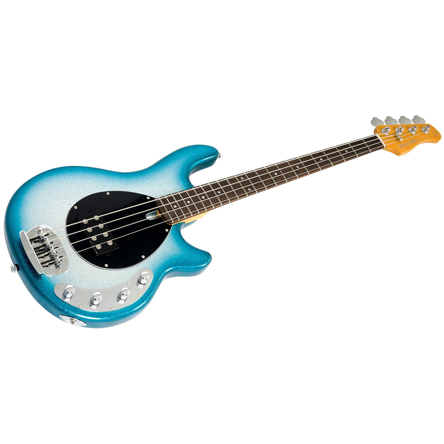 Dört telli, gümüş donanımlı, ışıltılı mavi elektro bas gitar.