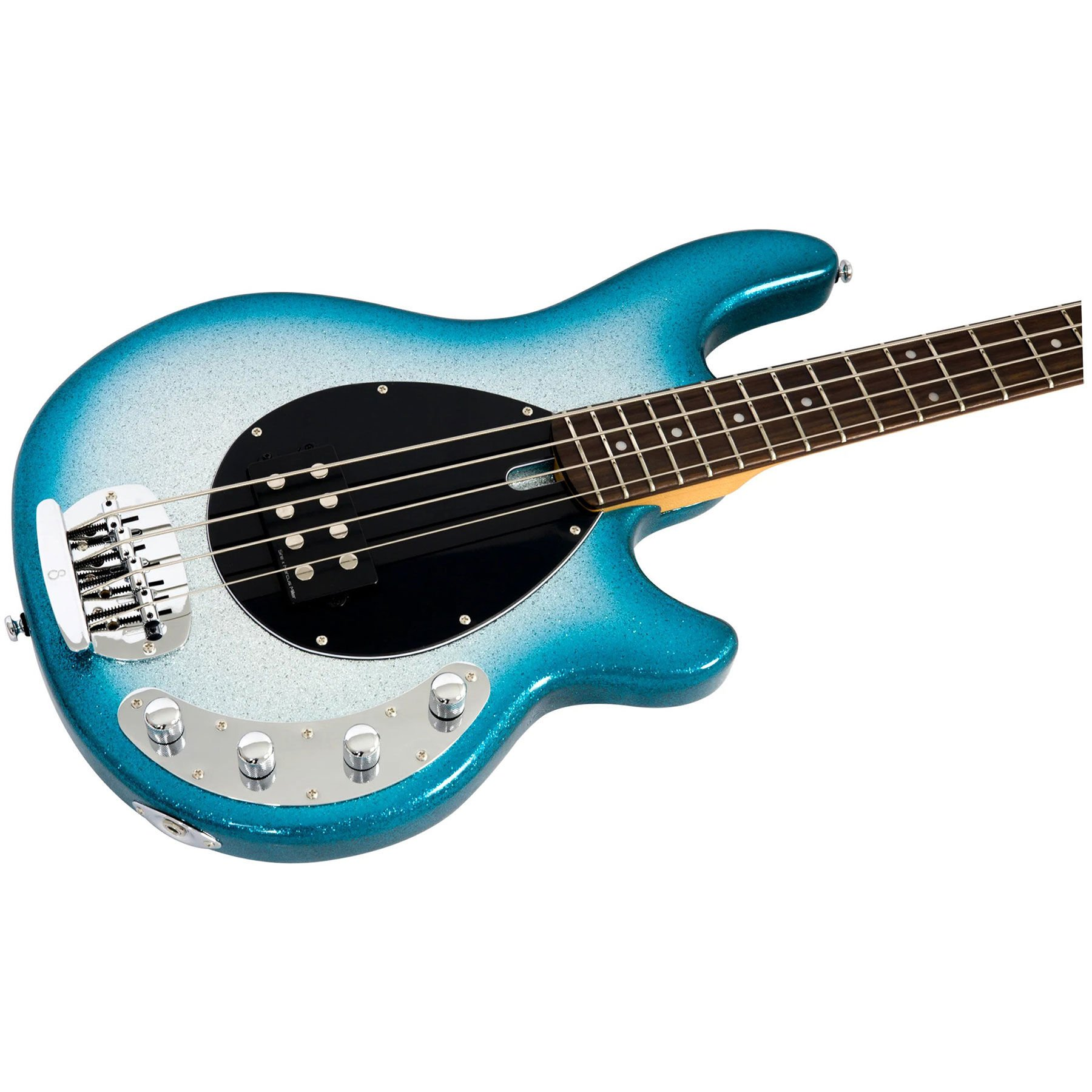 Siyah manyetiklere ve krom donanıma sahip mavi simli elektro bas gitar.