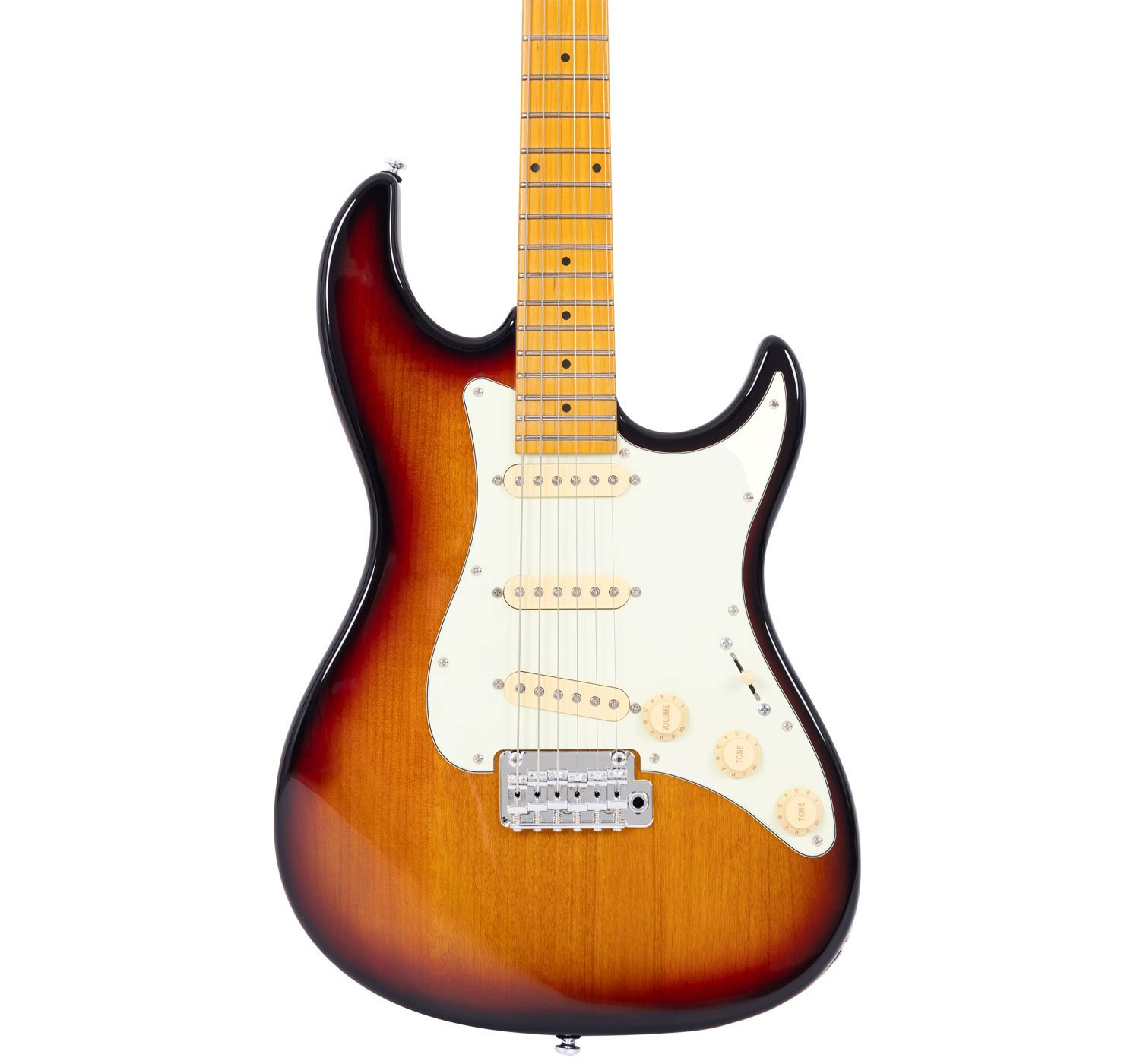 Sunburst kaplamalı, beyaz pena korumalı elektro gitar.
