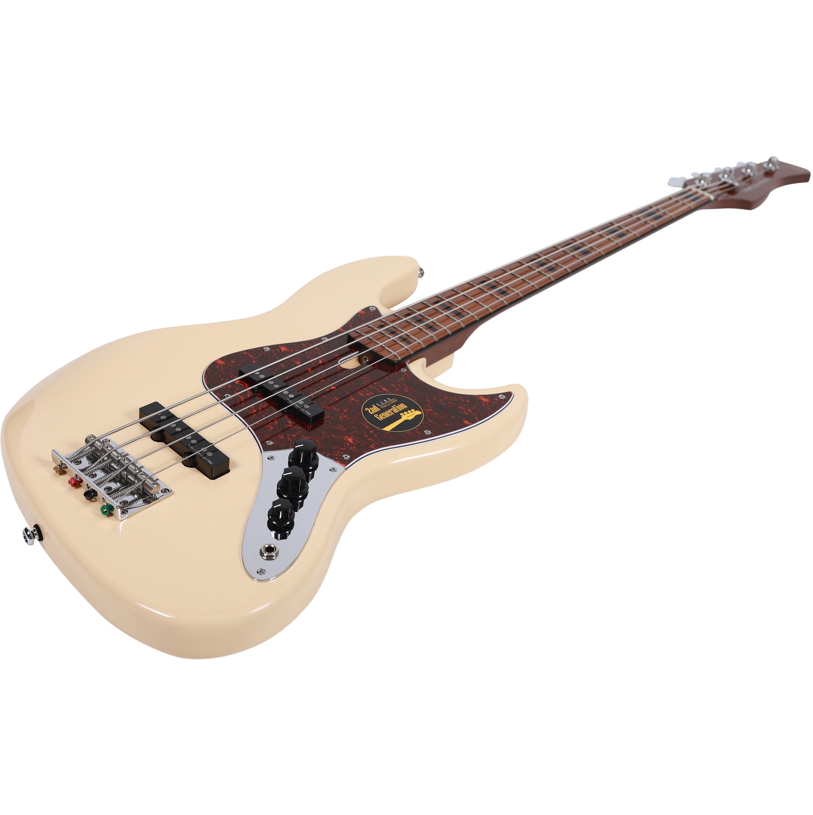 Een crème elektrische basgitaar met een bruin toetsenbord en schildpad slagplaat.