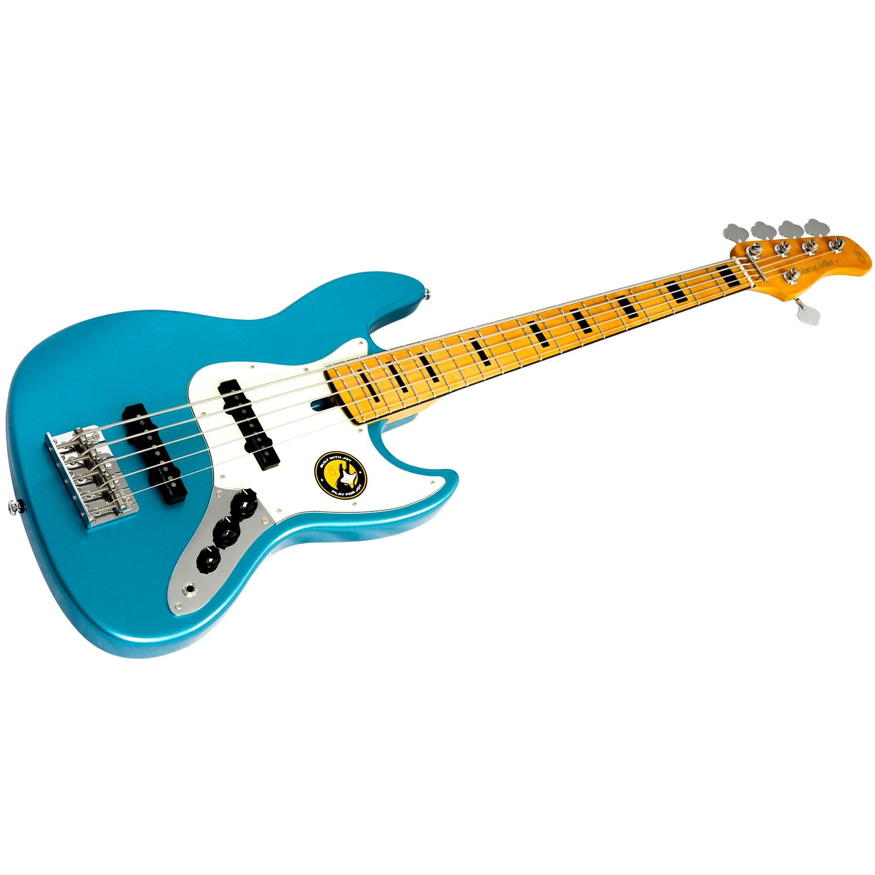 Altın klavyeli ve gümüş donanımlı turkuaz bas gitar.