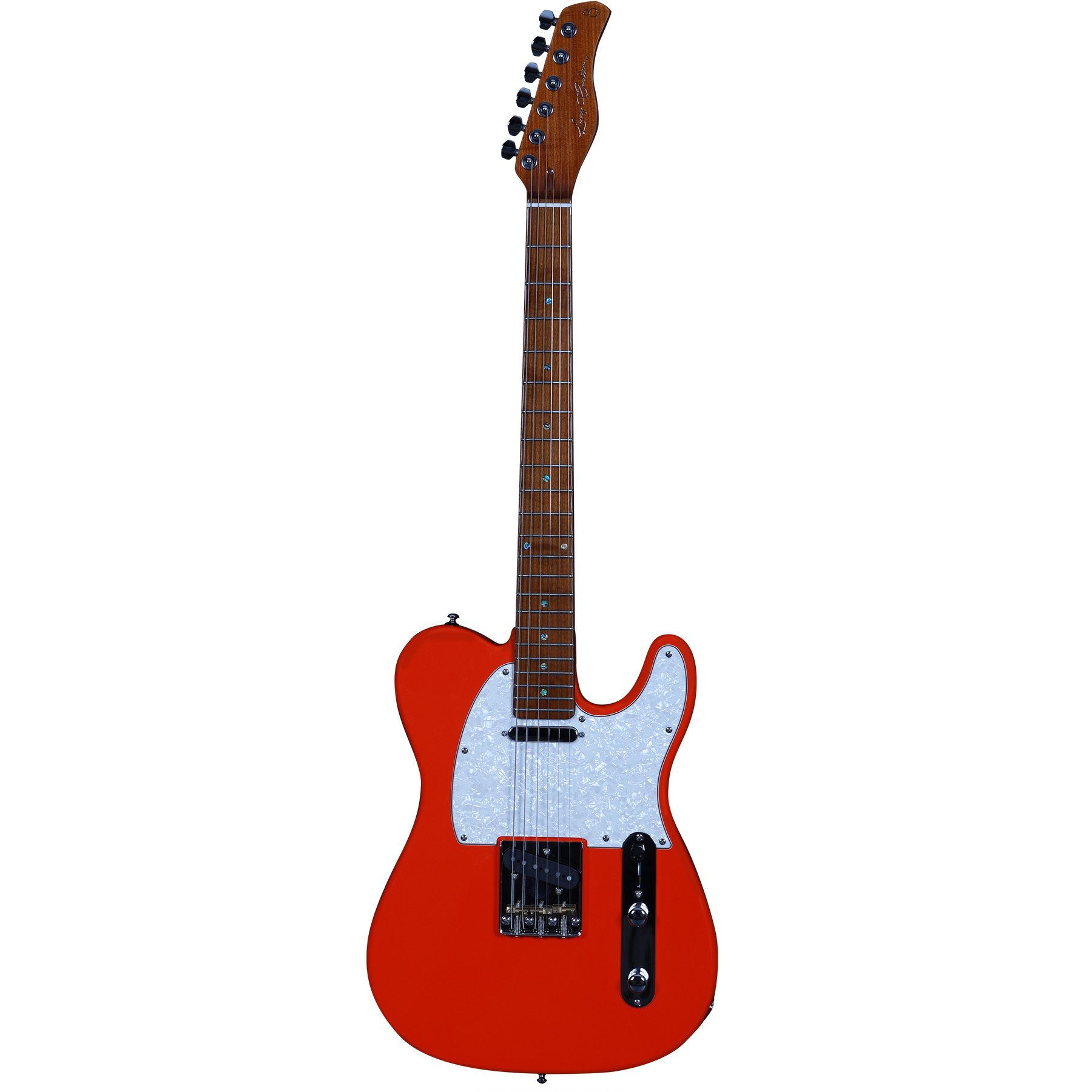 Beyaz pena korumalı ve ahşap klavyeli kırmızı elektro gitar.