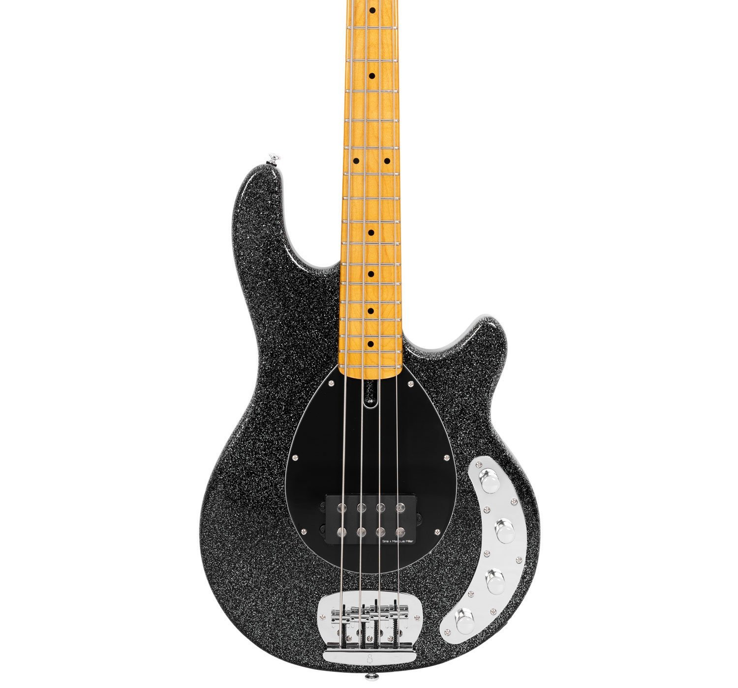 Akçaağaç sapa ve siyah pena koruyucusuna sahip parlak siyah bas gitar.