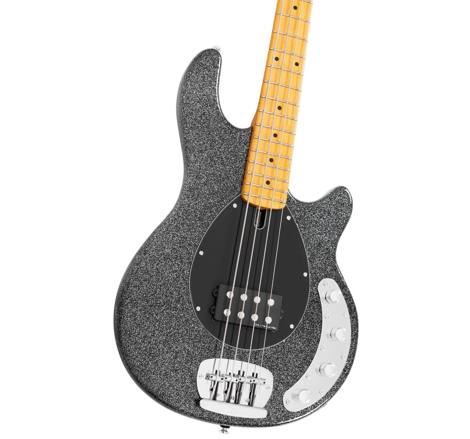 Açık renkli klavyeli ve gümüş düğmeli, simli siyah elektro bas gitar.