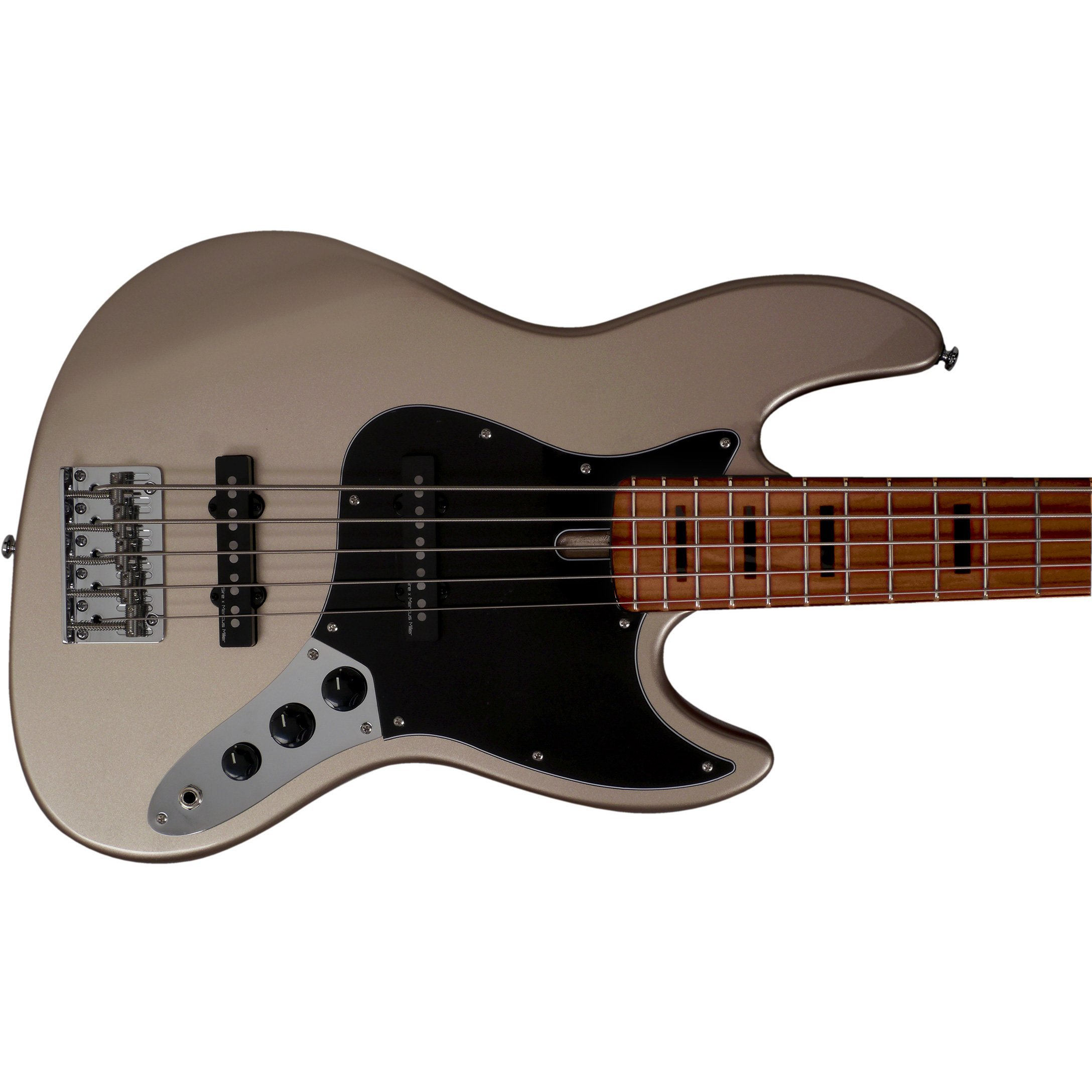 Gümüş rengi 5 telli bas gitarası sapı, kahverengi klavye ve siyah manyetikler.
