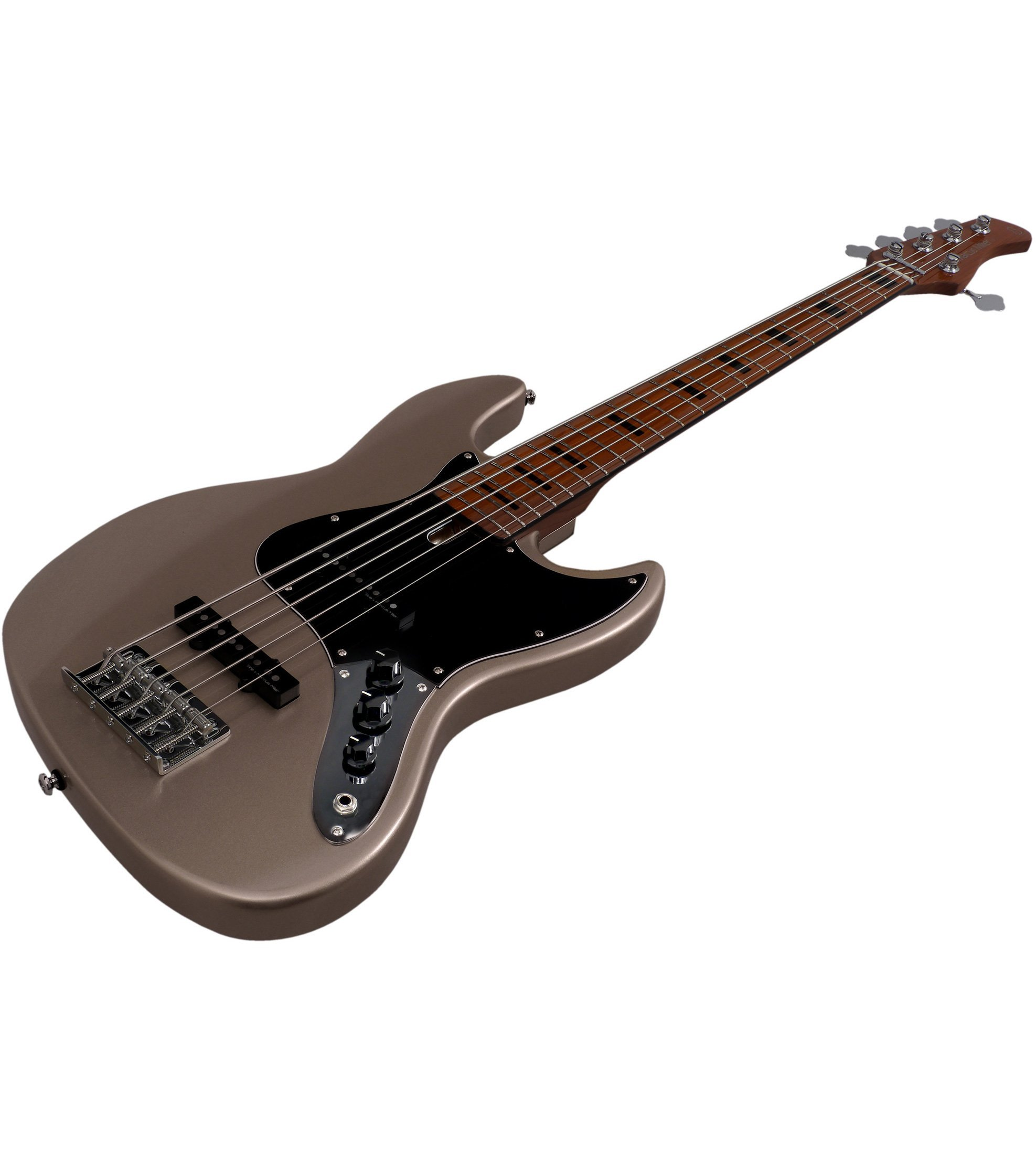 Siyah pena korumalı ve gümüş donanımlı kahverengi elektro bas gitar.