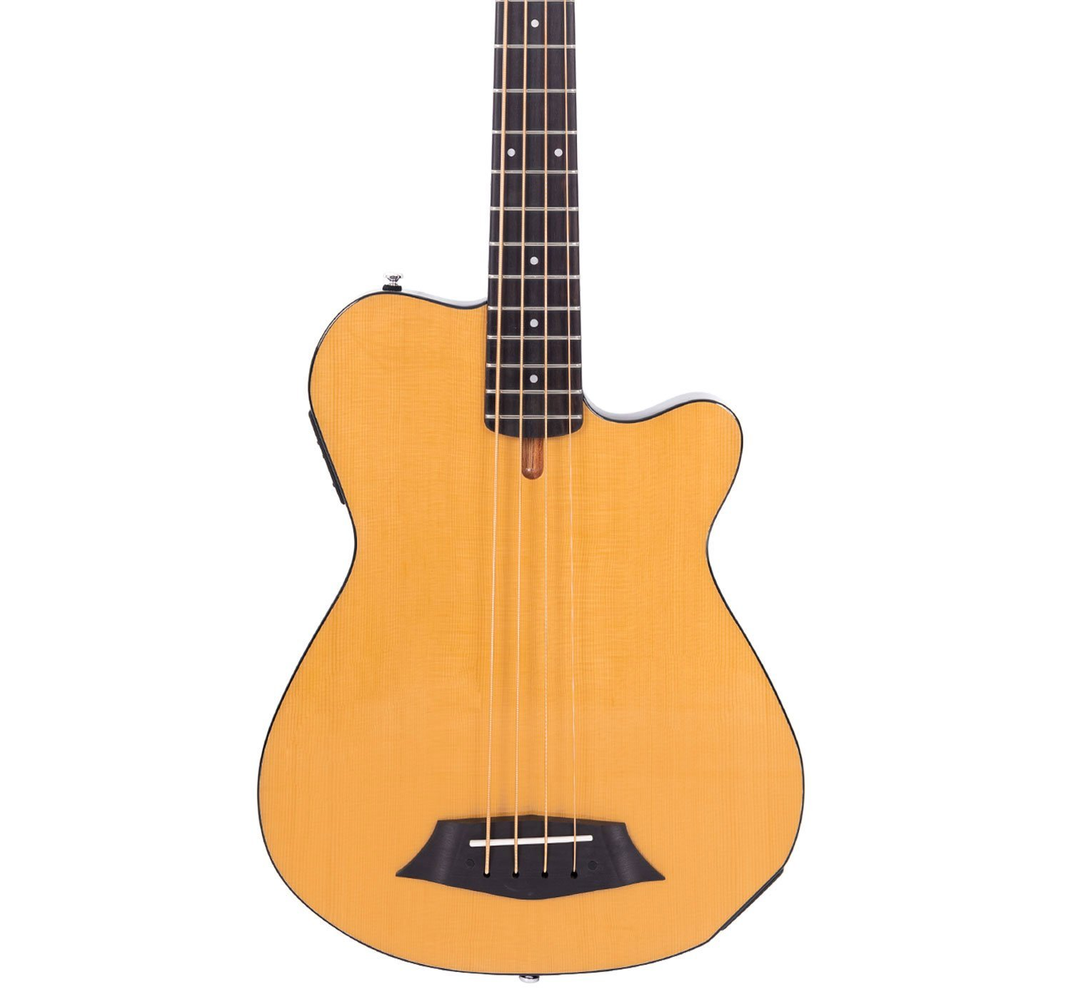 Dört telli, siyah klavyeli ve siyah köprülü açık kahverengi elektro bas gitar.