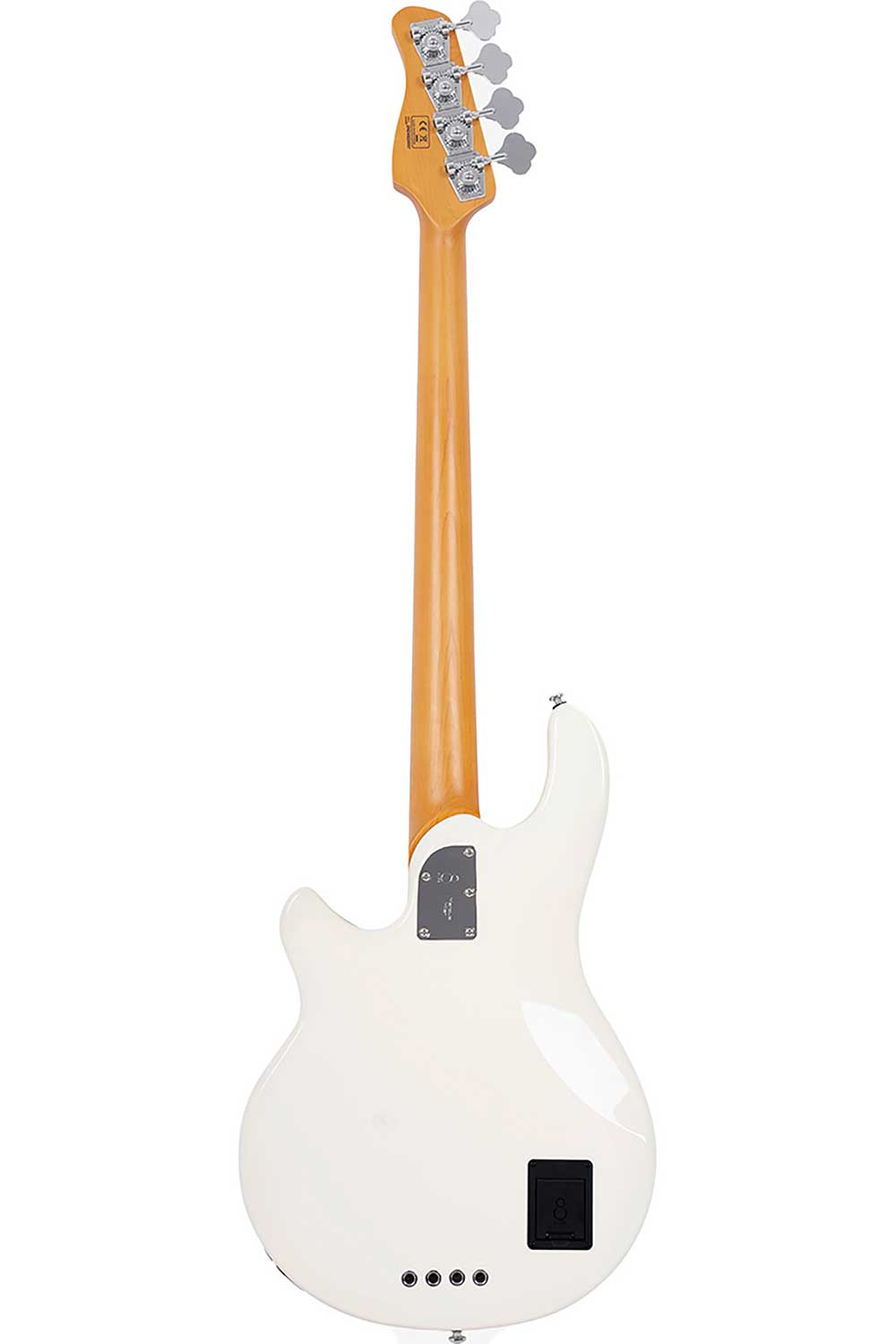 Açık ahşap sapa ve gümüş rengi akort burgularına sahip beyaz bas gitarın arka görünümü.