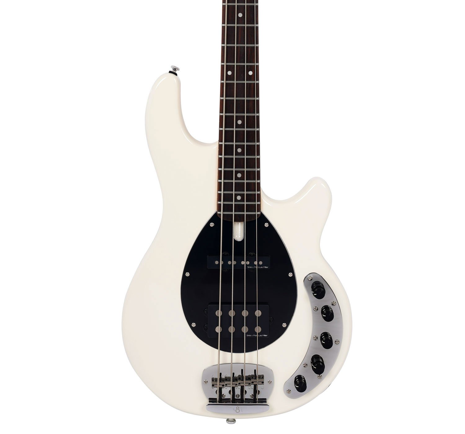 Siyah pena korumalı ve gümüş kontrol düğmeli beyaz elektro bas gitar.