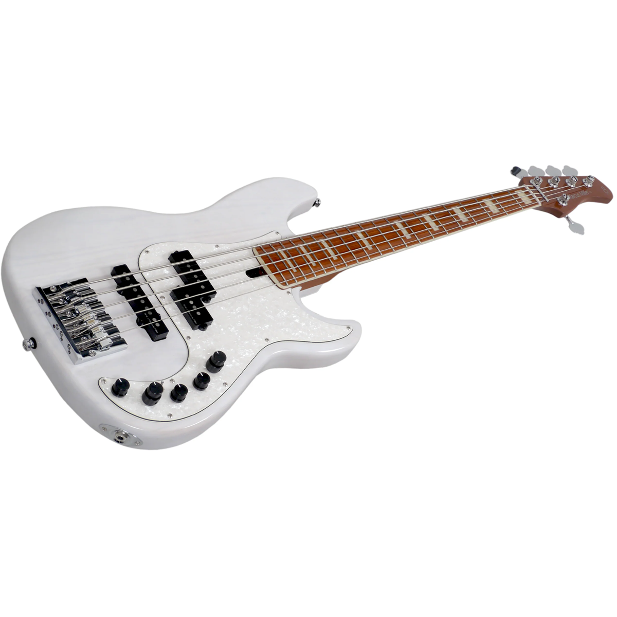 Kahverengi klavyeli ve sedefli pena korumalı beyaz 5 telli bas gitar.