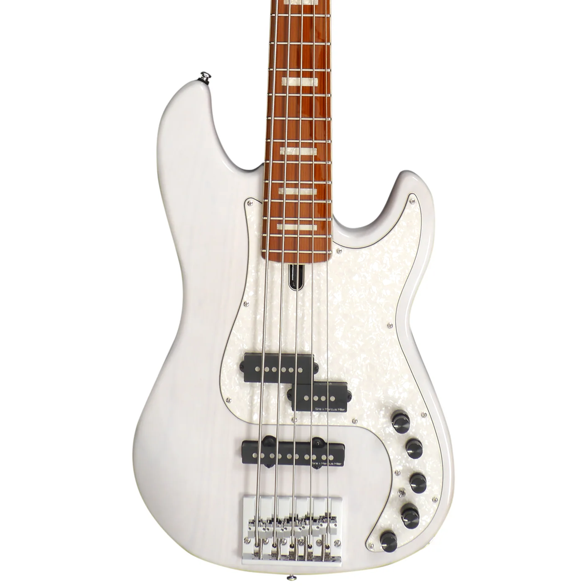 Kaplumbağa kabuğu görünümlü pickguard ve gül ağacı klavyeli beyaz 5 telli bas gitar.