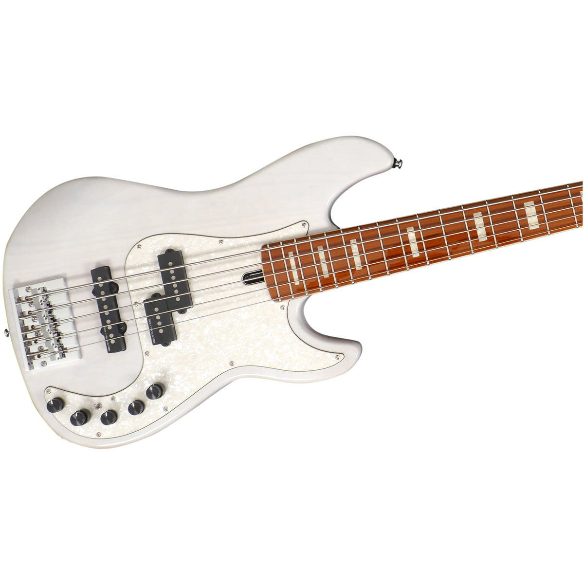 Kahverengi klavyeli ve gümüş donanımlı beyaz bas gitar.