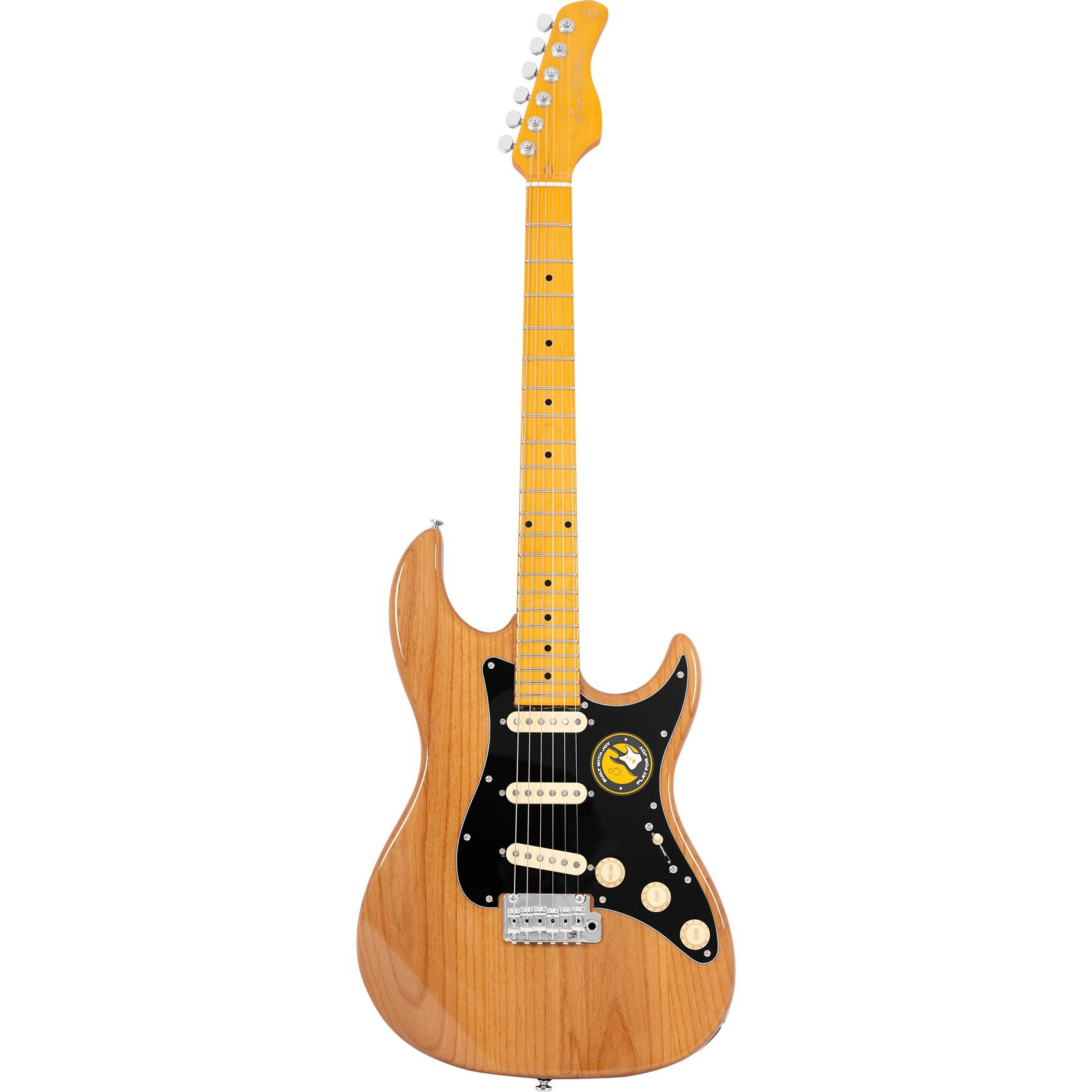 Altı telli, siyah pena korumalı ve sarı logolu kahverengi elektro gitar.