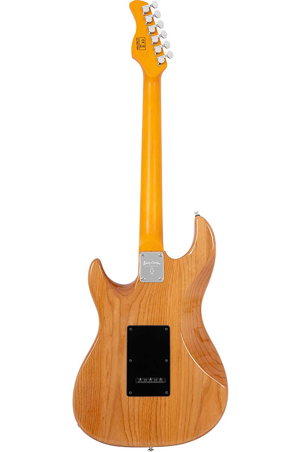 Sarı saplı, açık kahverengi elektrik gitarın arka görünümü.