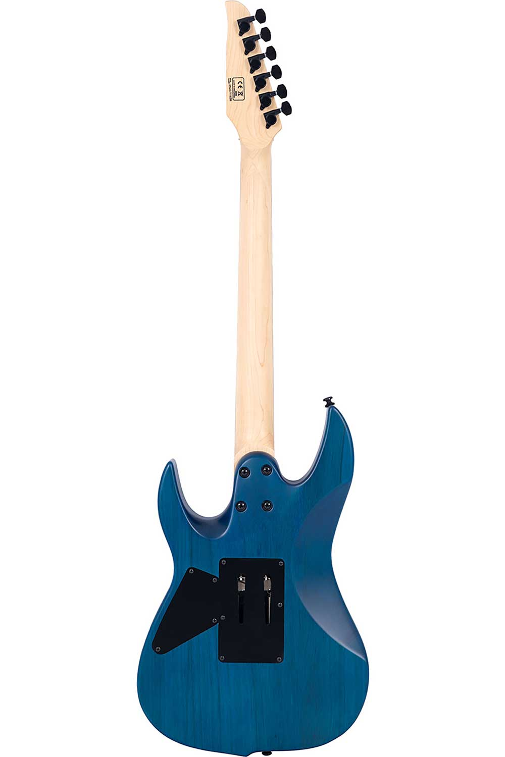 Gümüş donanıma ve ahşap damarına sahip mavi elektro gitarın arka görünümü.