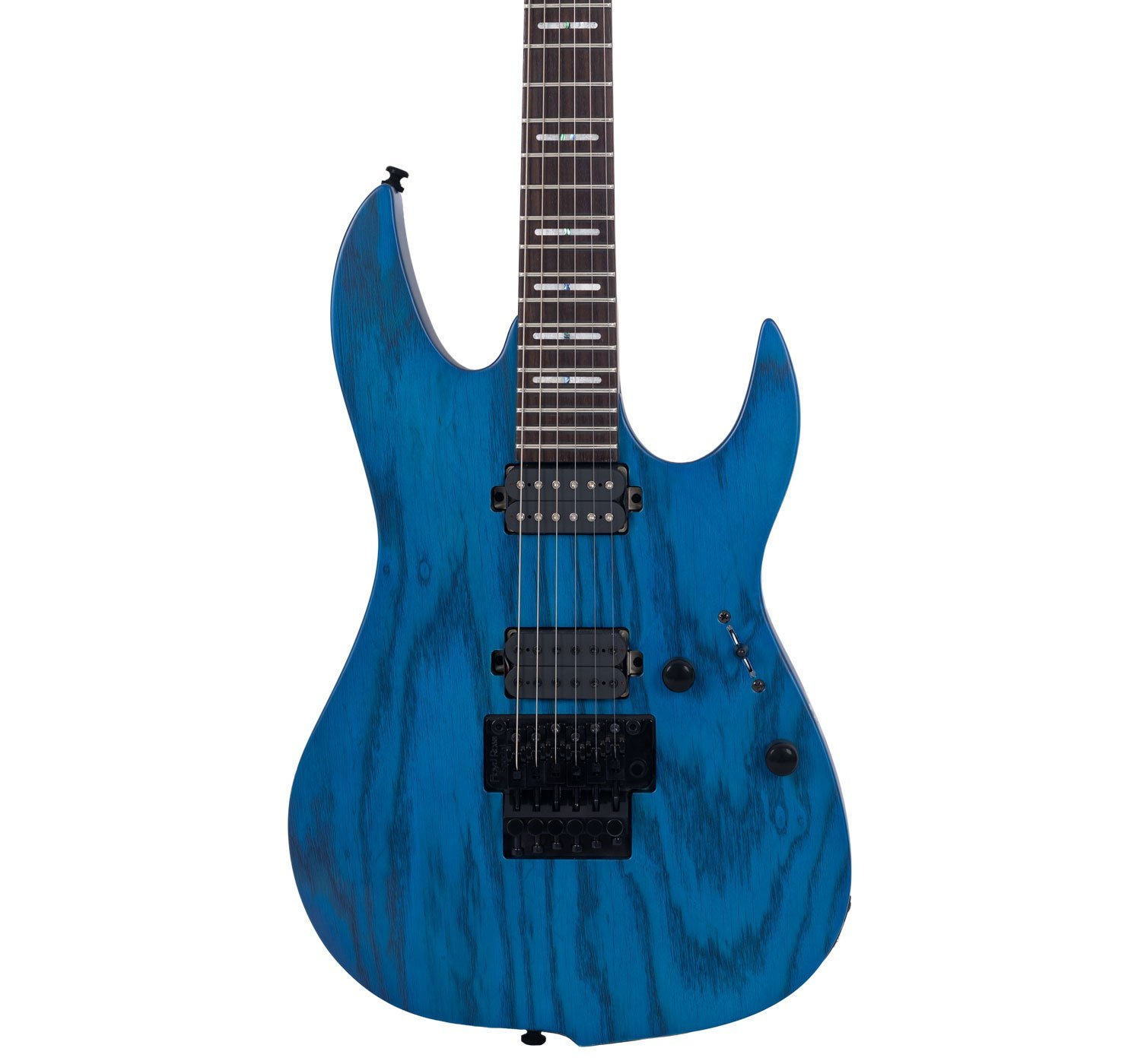 Siyah donanımlı, ahşap damarlı mavi elektro gitar.