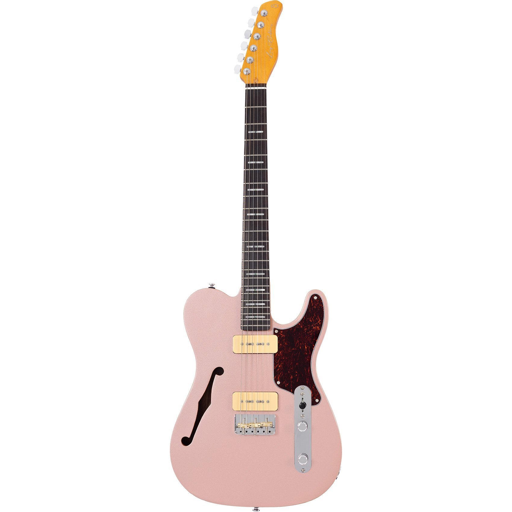 F-yuvalı ve kaplumbağa kabuğu pena korumalı pembe elektro gitar.