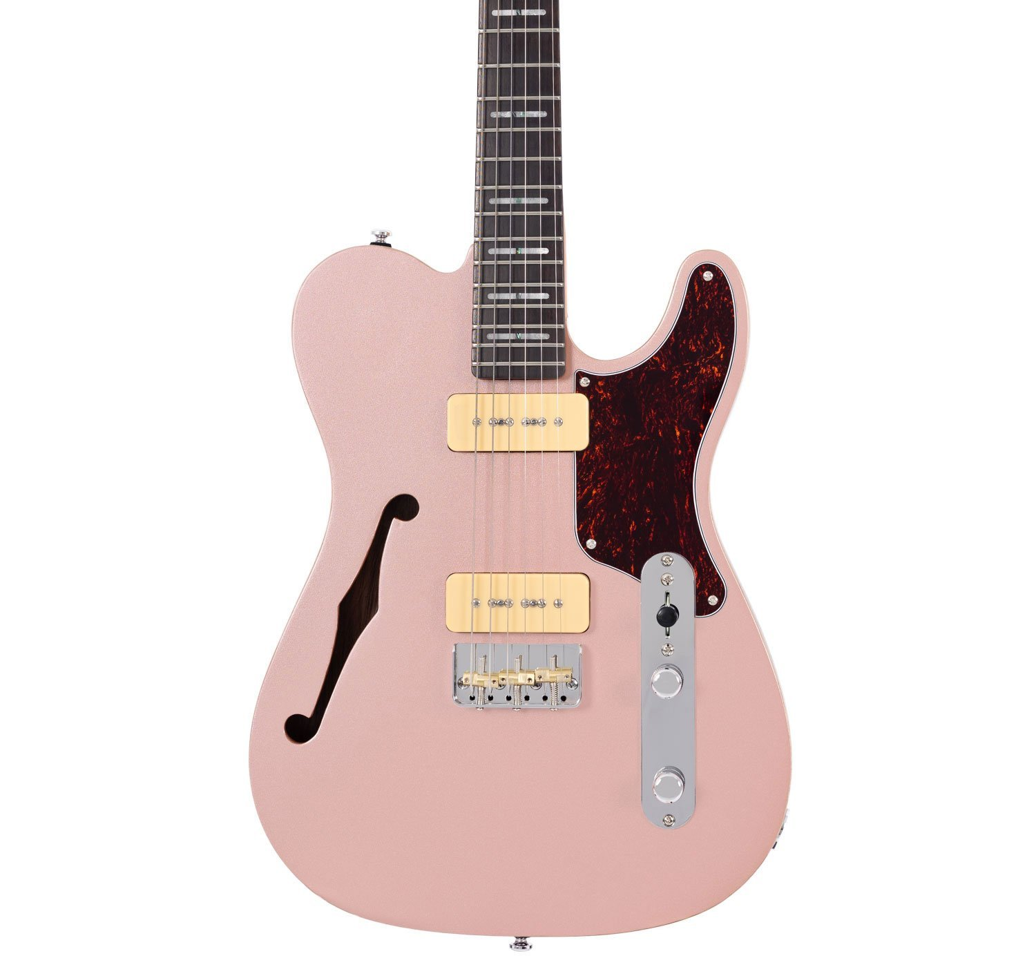 F-deli, kaplumbağa kabuğu pena korumalı ve altın manyetikli pembe elektro gitar.
