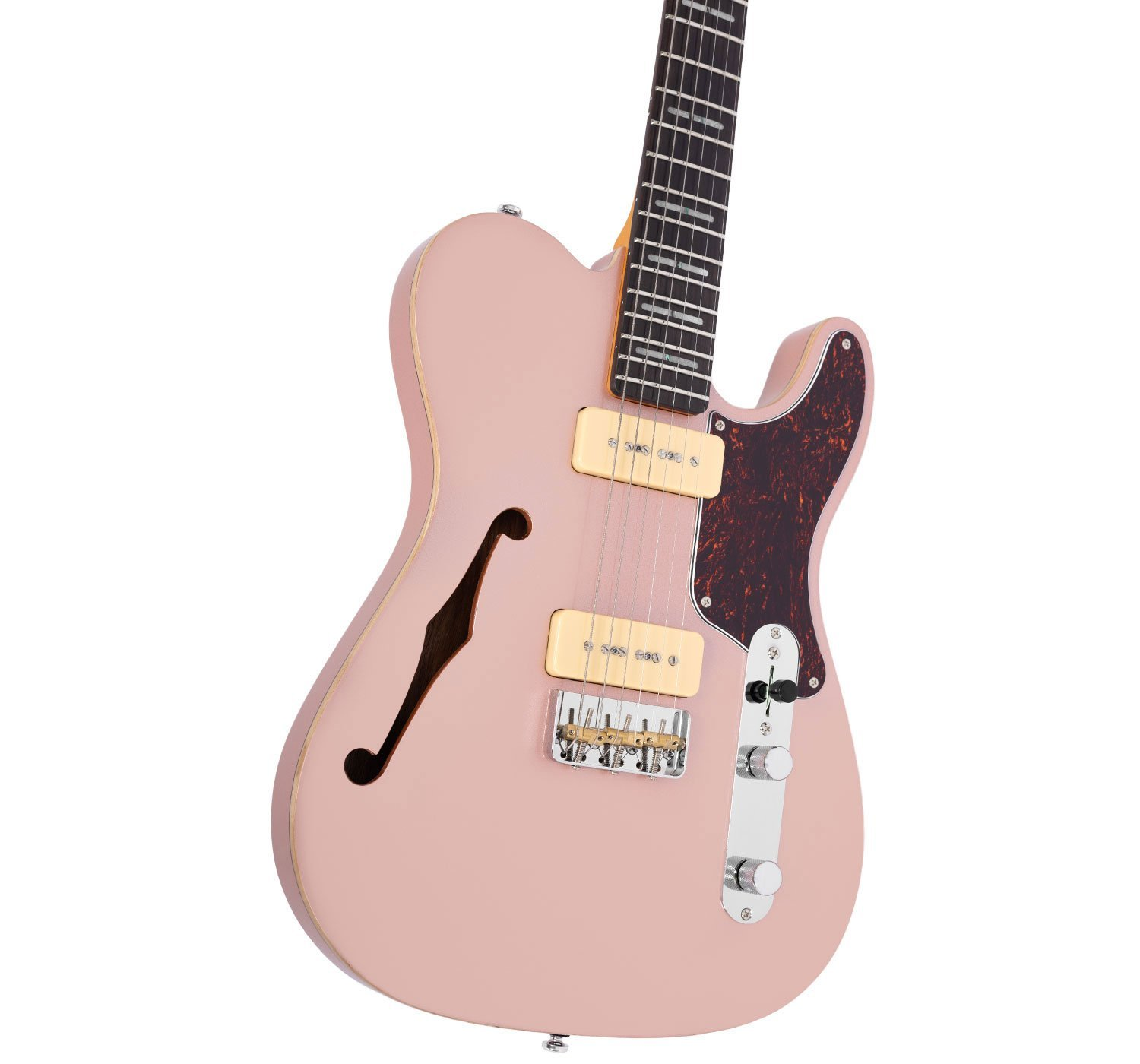 Kaplumbağa kabuğu desenli pickguardlı, pembe hollow body elektro gitar.