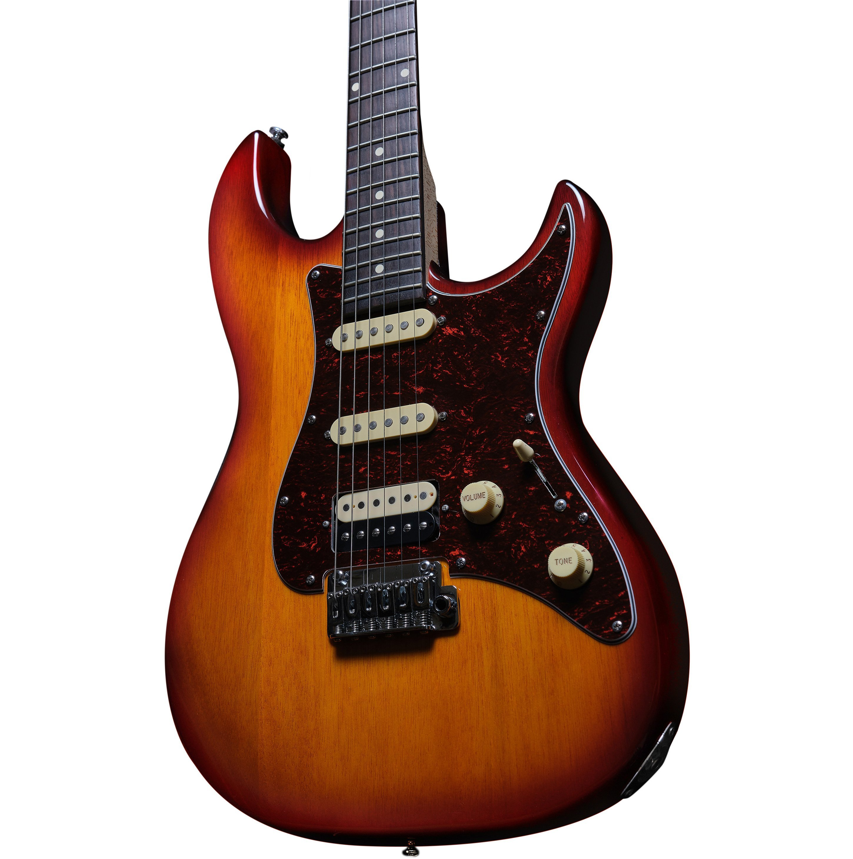 Altı telli, kahverengi gövdeli ve kırmızı vurgulu elektro gitar.
