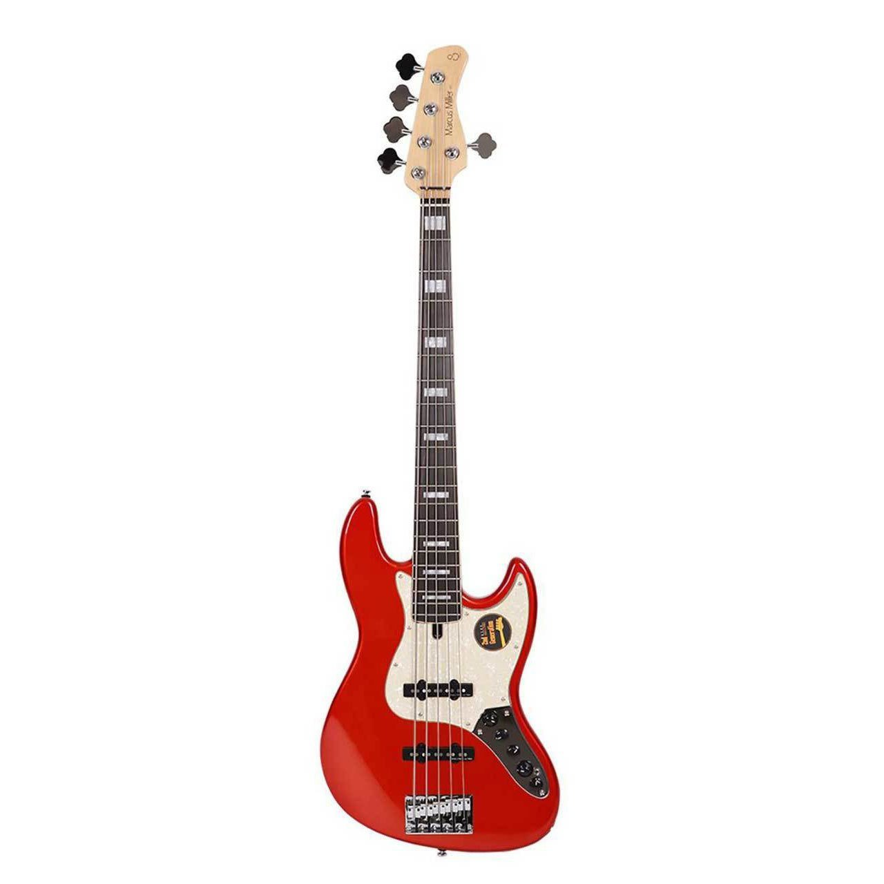 Beyaz pena korumalı kırmızı, dört telli elektro bas gitar.