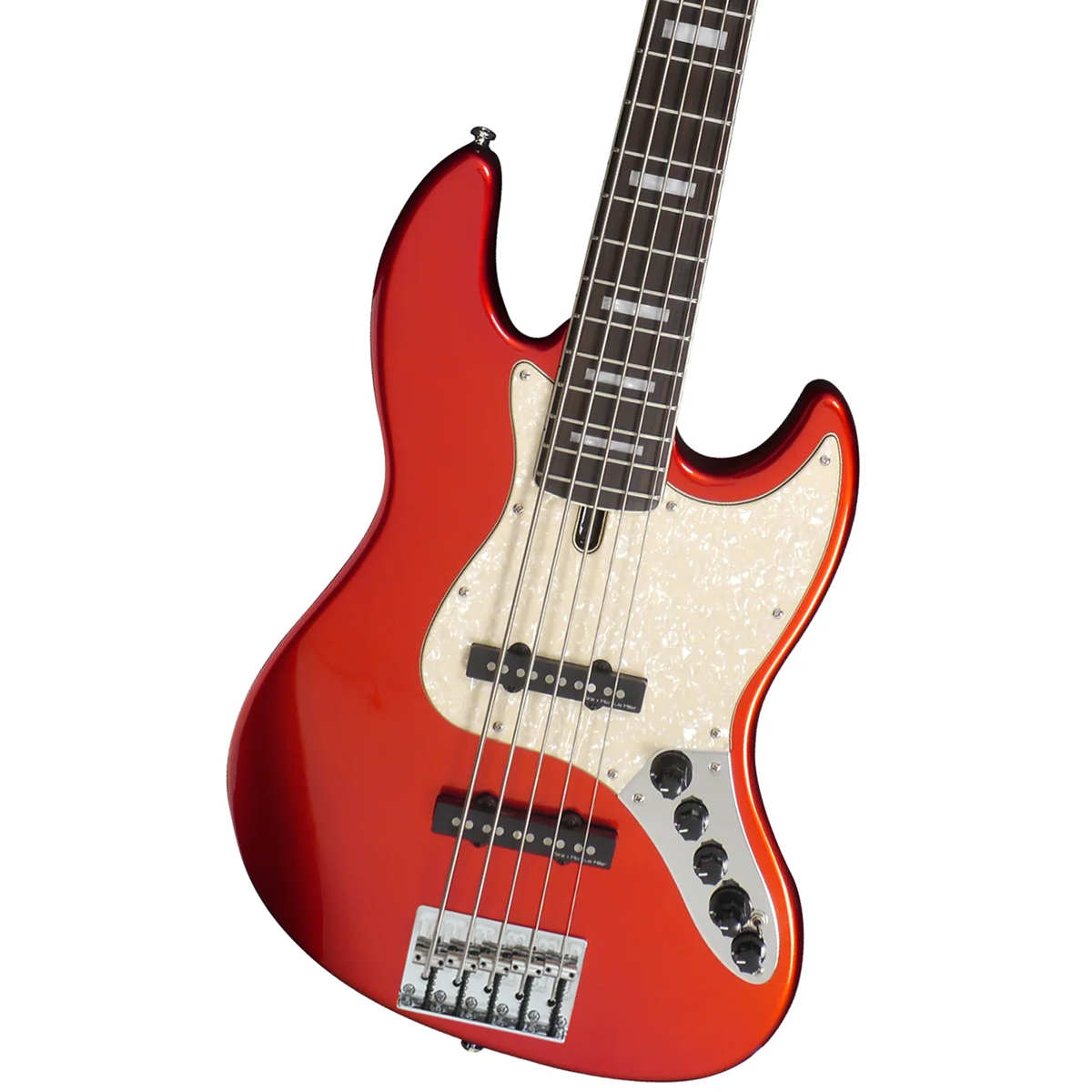 Sedef pena korumalı, gümüş donanımlı kırmızı elektro bas gitar.