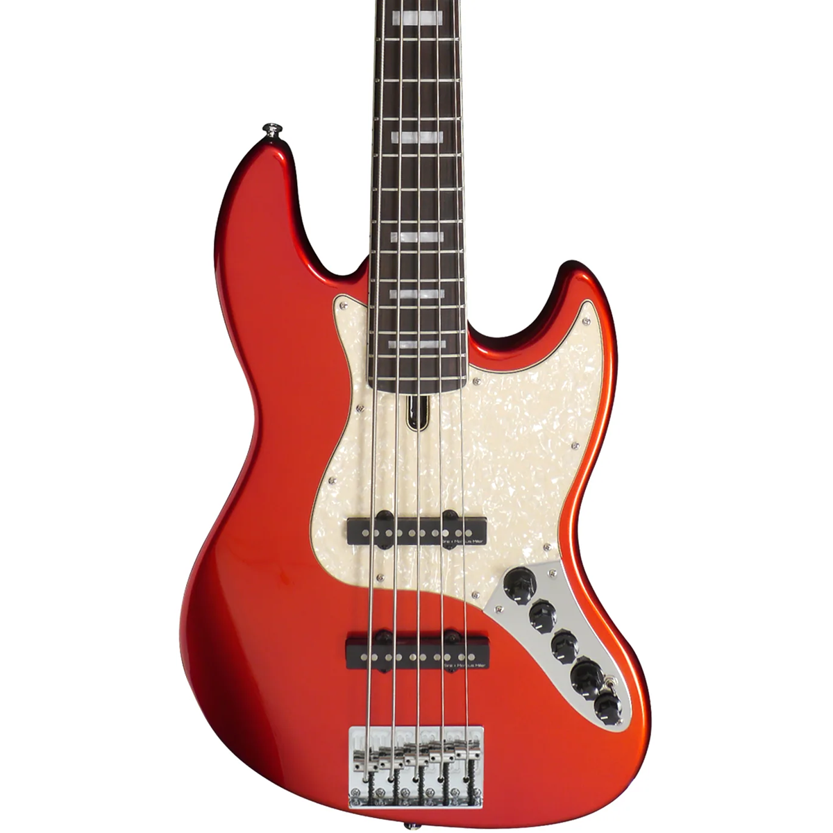 Sedef pena korumalı, dört telli, krom donanımlı parlak kırmızı elektro bas gitar.