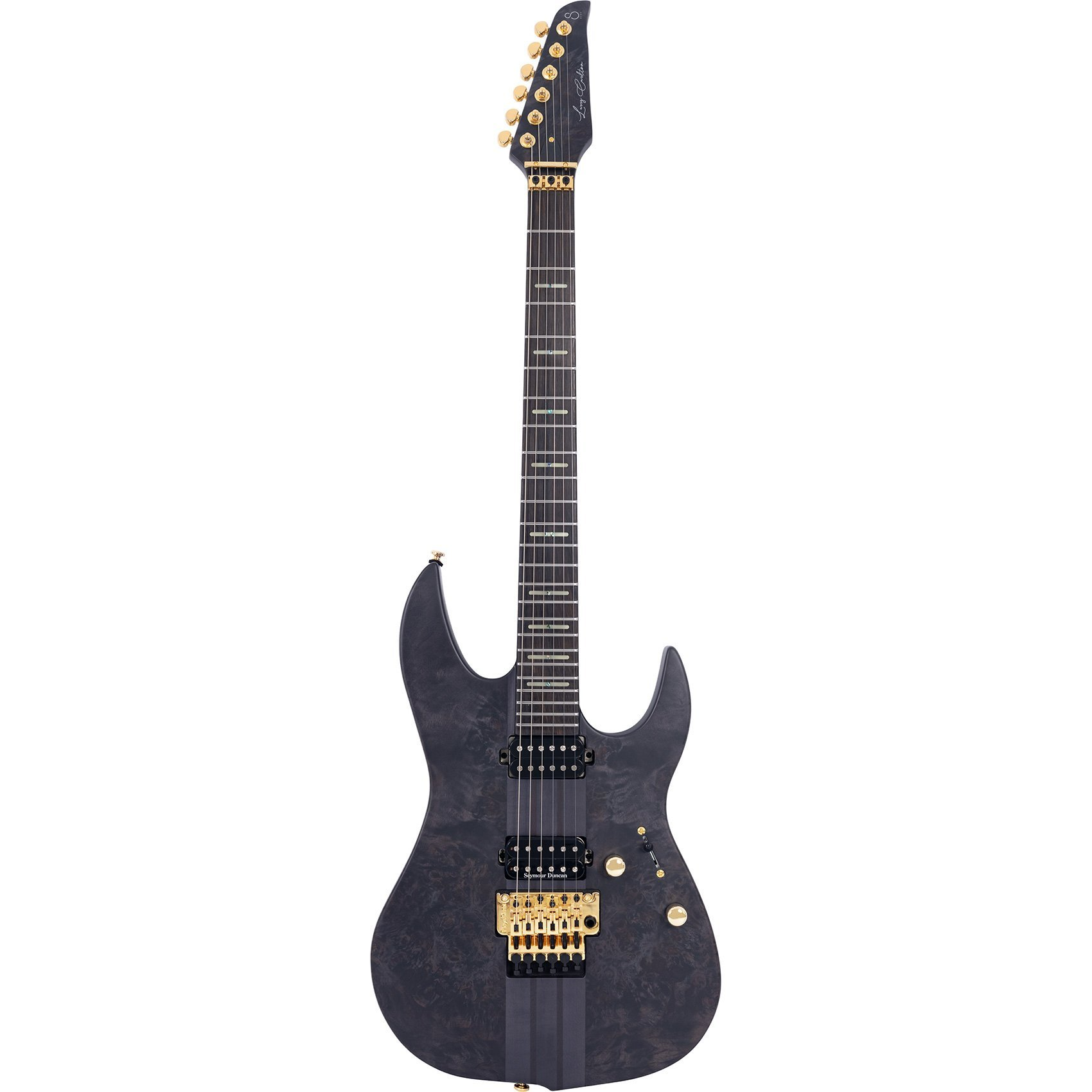Altın donanımlı, damarlı gövdeli koyu renkli elektro gitar.