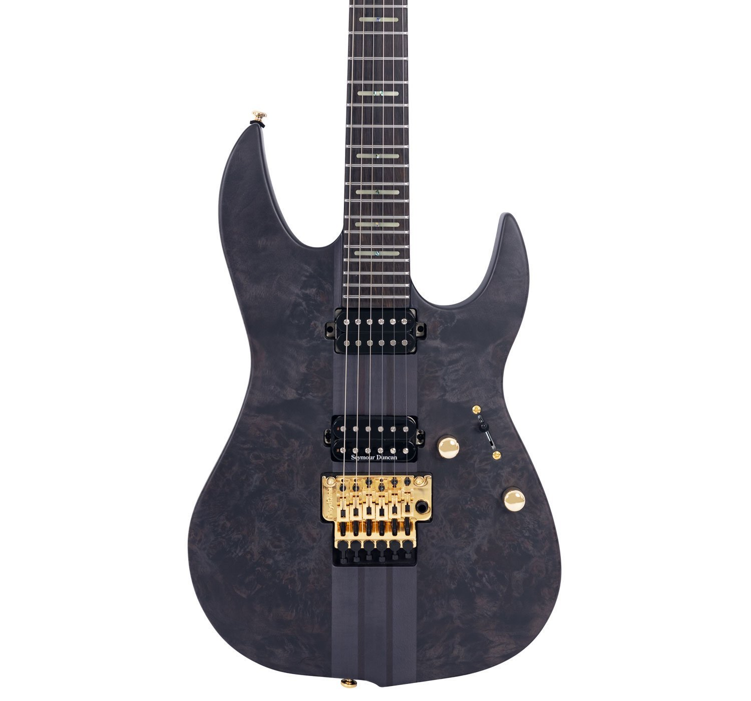 Altın donanımlı, ahşap damarlı koyu renkli elektro gitar.