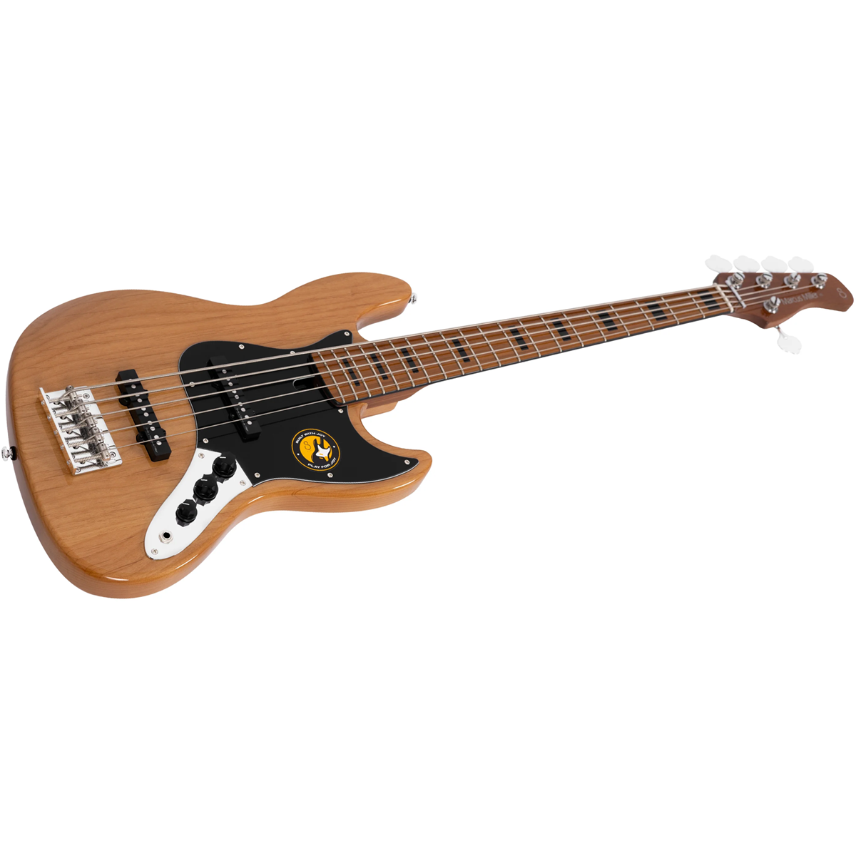 Siyah pena korumalı ve gümüş köprülü kahverengi elektro bas gitar.