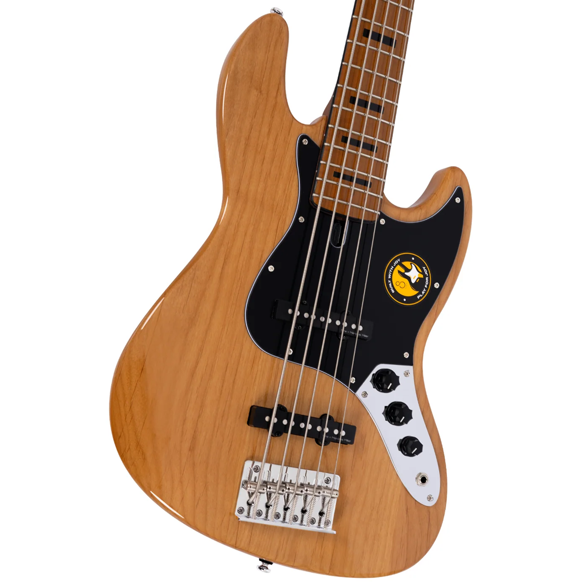Siyah pena korumalı ve gümüş köprülü kahverengi 5 telli bas gitar gövdesi.