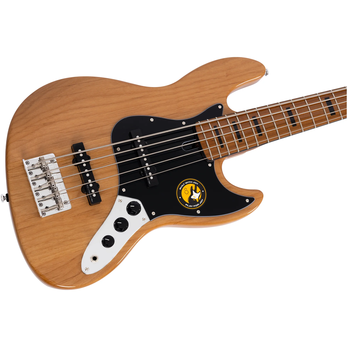 Siyah pena korumalı, gümüş donanımlı, doğal ahşap 5 telli bas gitar.
