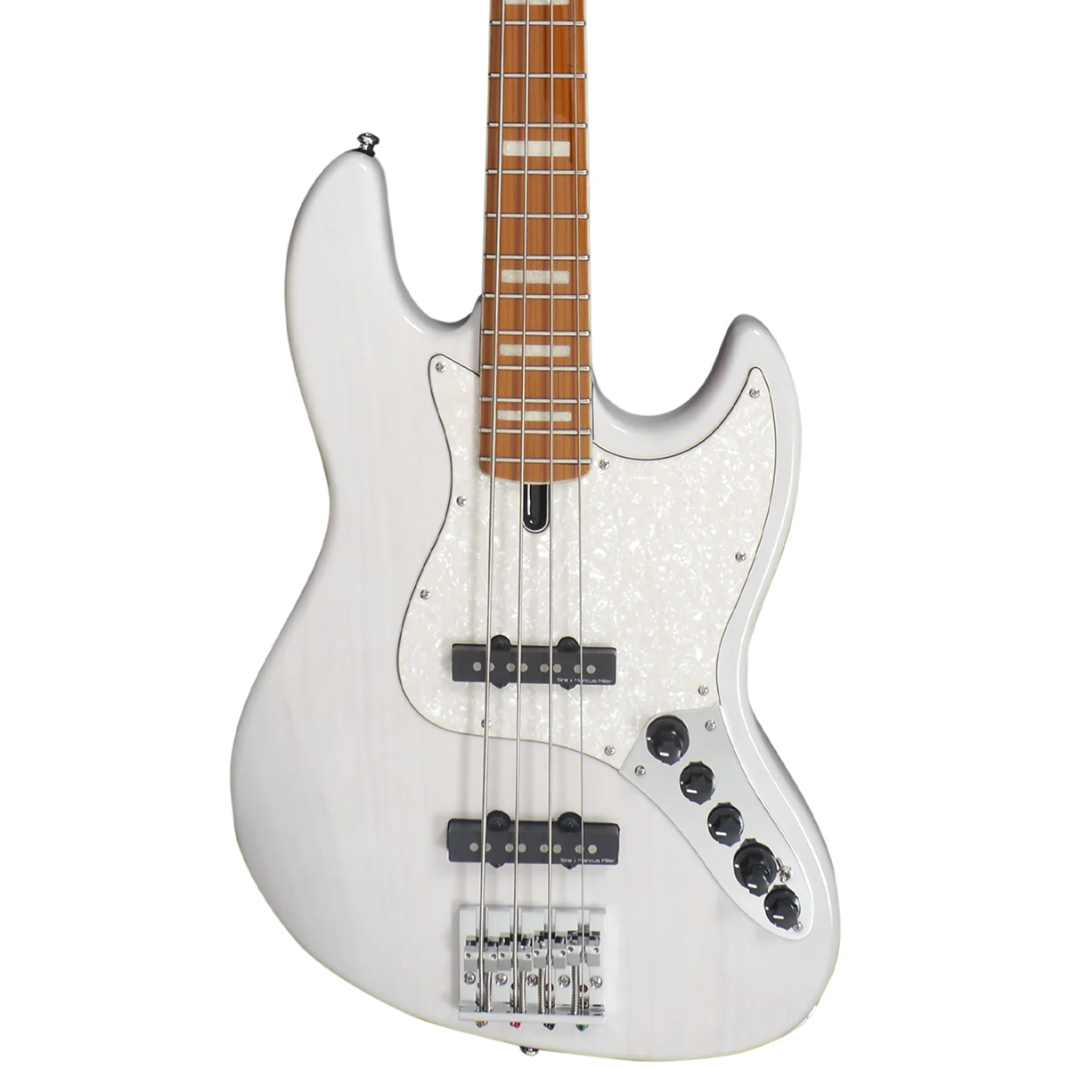 Ahşap klavyeli ve sedefli pena korumalı beyaz bas gitar.