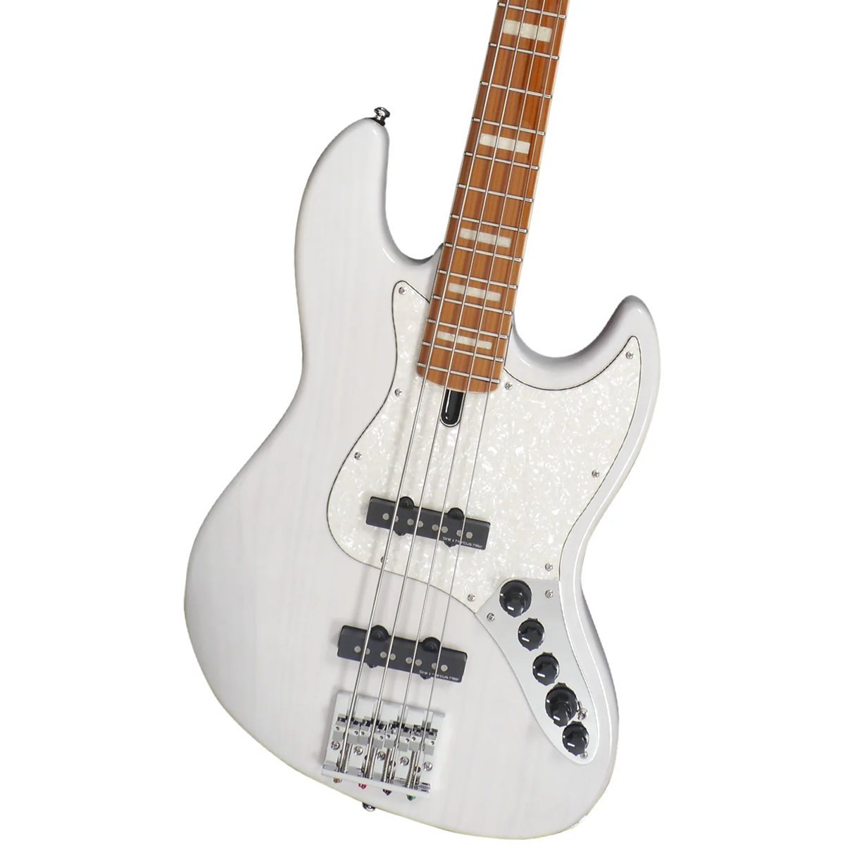 Kahverengi klavyeli ve sedefli pena korumalı beyaz elektro bas gitar.