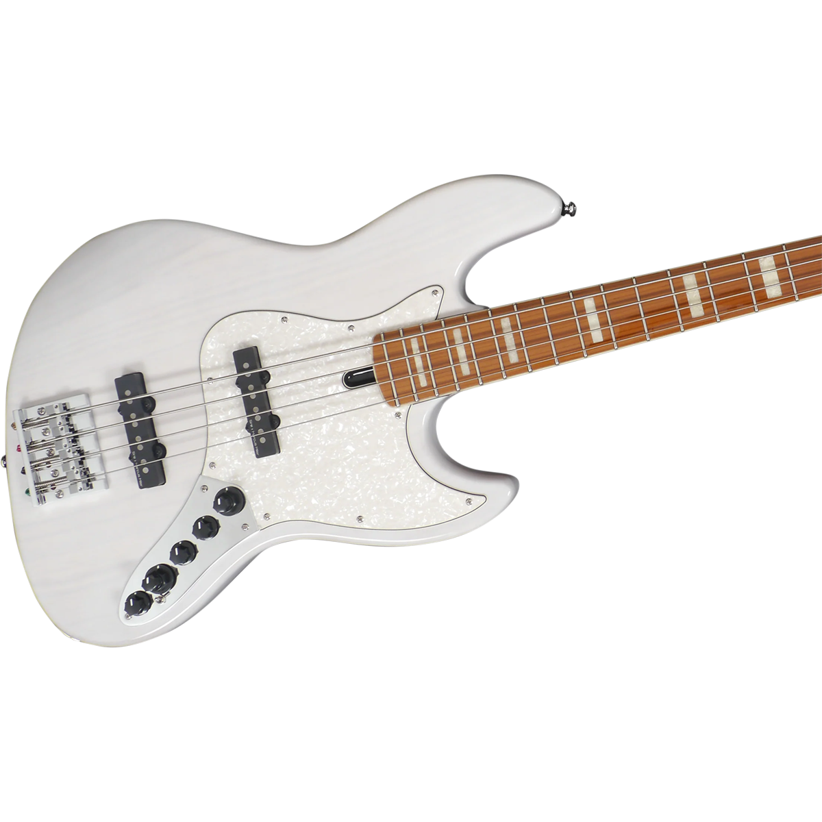 Gül ağacı klavyeli ve inci pena korumalı beyaz elektro bas gitar.