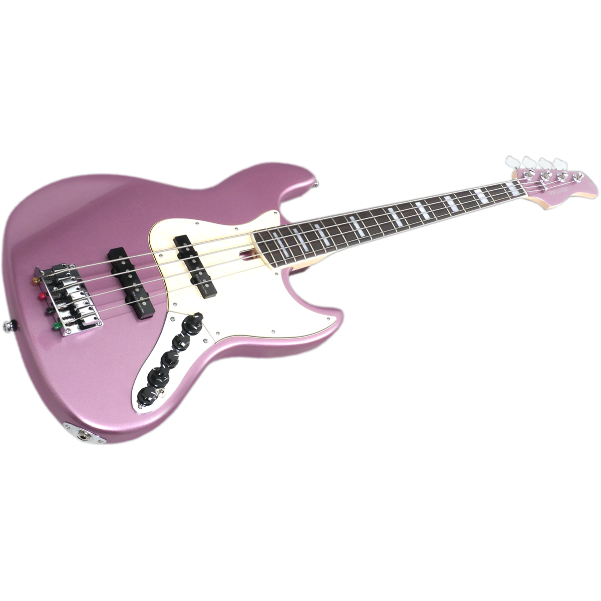 Parlak, leylak rengi bas gitar, beyaz pena koruyucu ve krom donanımlı.